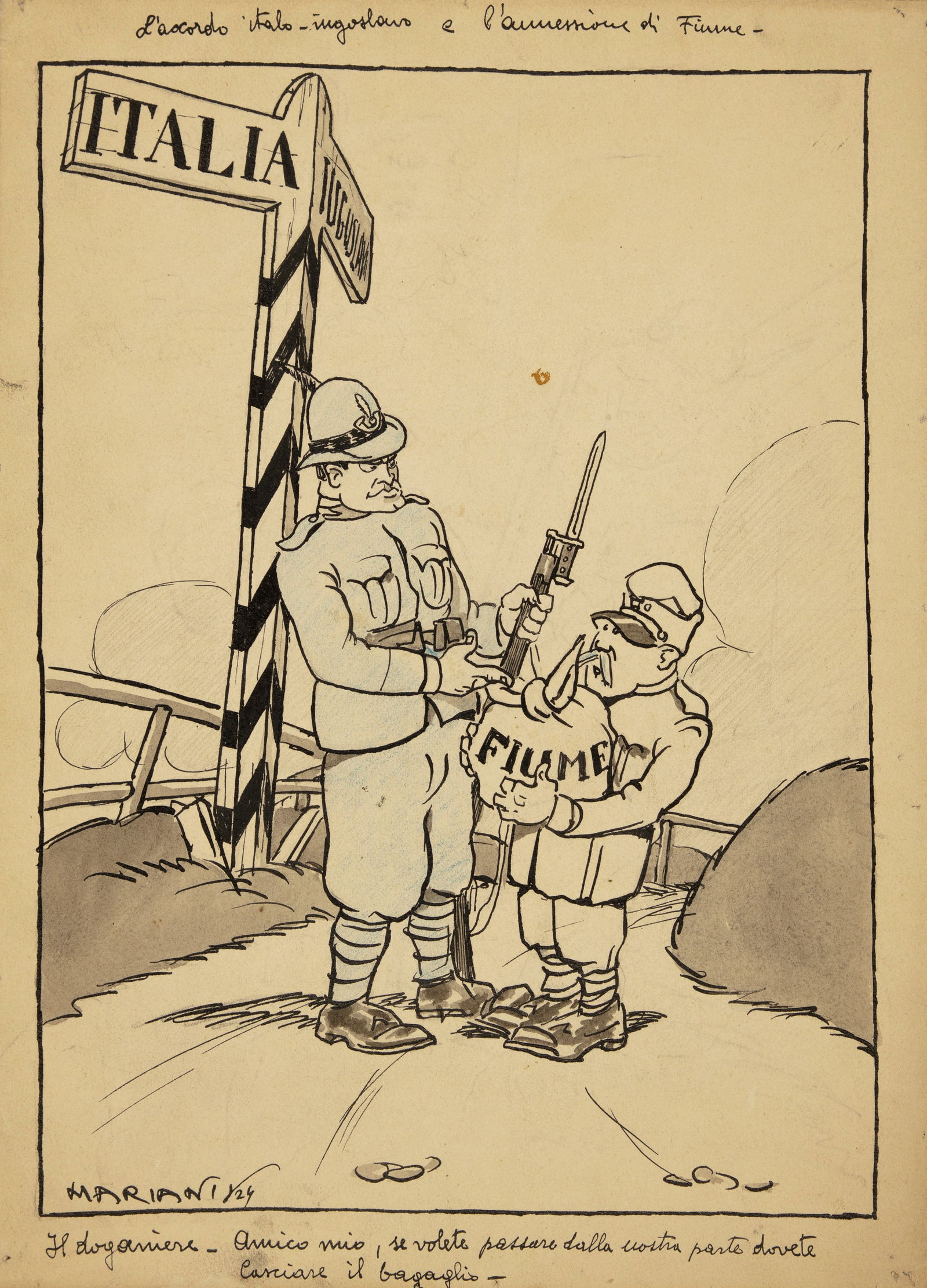 Mariani Attilio - "L‘accordo italo-iugoslavo e l‘annessione di Fiume", 1924: Mariani Attilio - "L‘accordo italo-iugoslavo e l‘annessione di Fiume", 1924 ITA matita, china e acquerello su cartoncino, 24 x 33 cm Illustrazione originale realizzata da Mariani