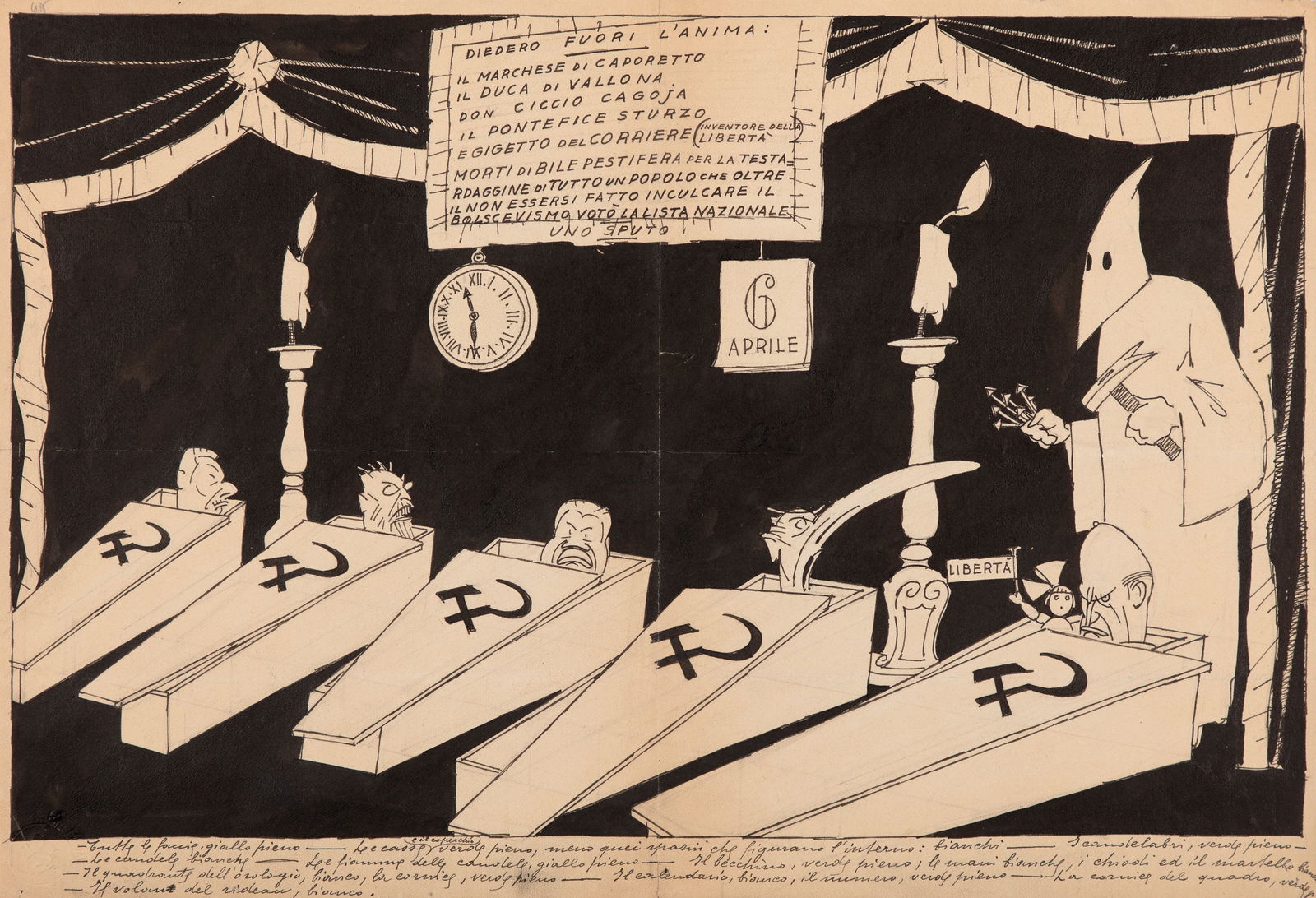 Mateldi Filiberto - "Elezioni 1924", 1924: Mateldi Filiberto - "Elezioni 1924", 1924 ITA matita e china su cartoncino, 48 x 33 cm Illustrazione originale realizzata da Mateldi nel 1924. Al retro: « Sturzo al becchino: che aspetti