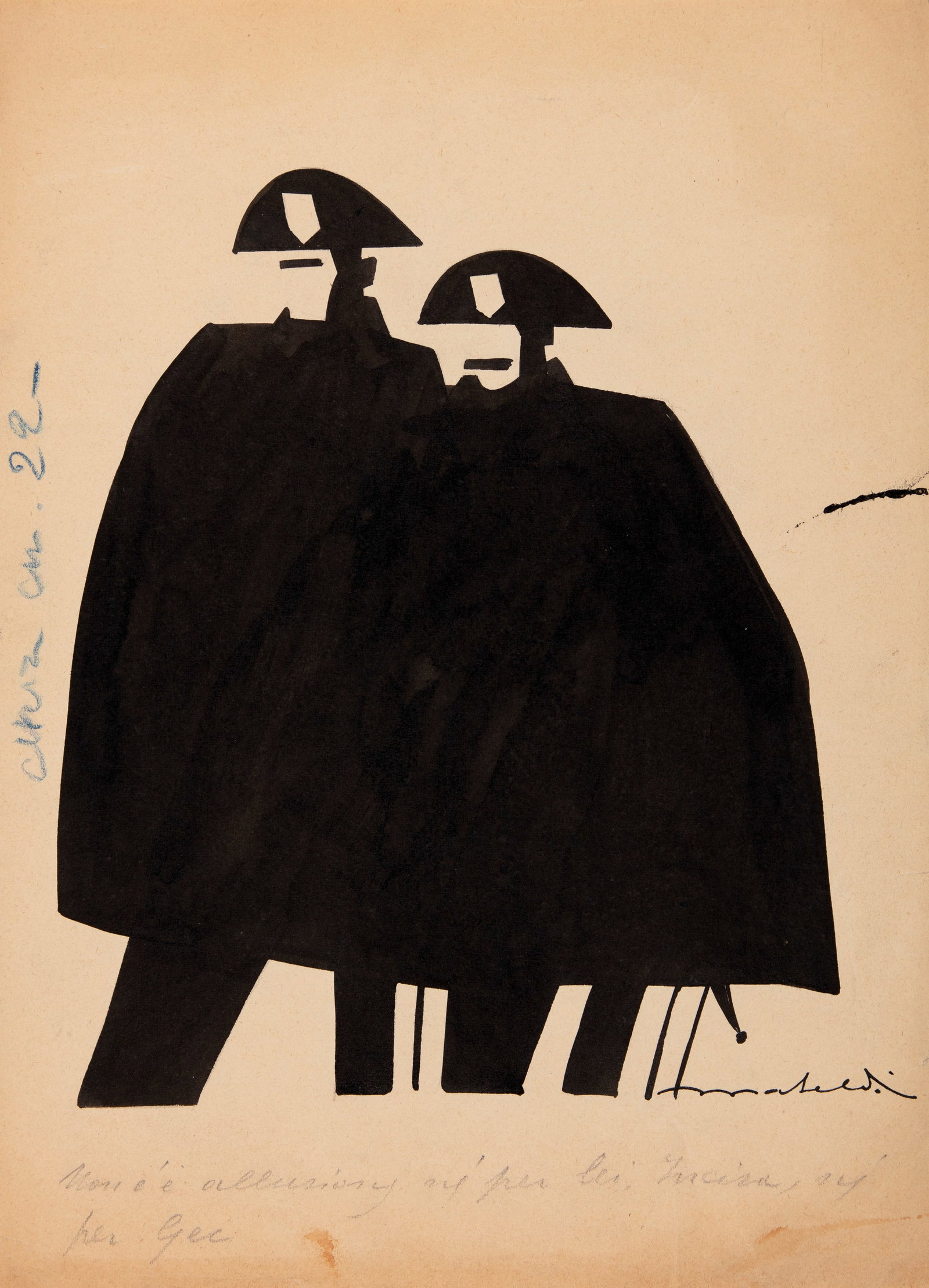 Mateldi Filiberto - "Carabinieri", anni 20: Mateldi Filiberto - "Carabinieri", anni 20 ITA matita e china su cartoncino, 24 x 33 cm Illustrazione originale realizzata da Mateldi negli anni ‘20. Pieghe e strappi ai margini. Firmat