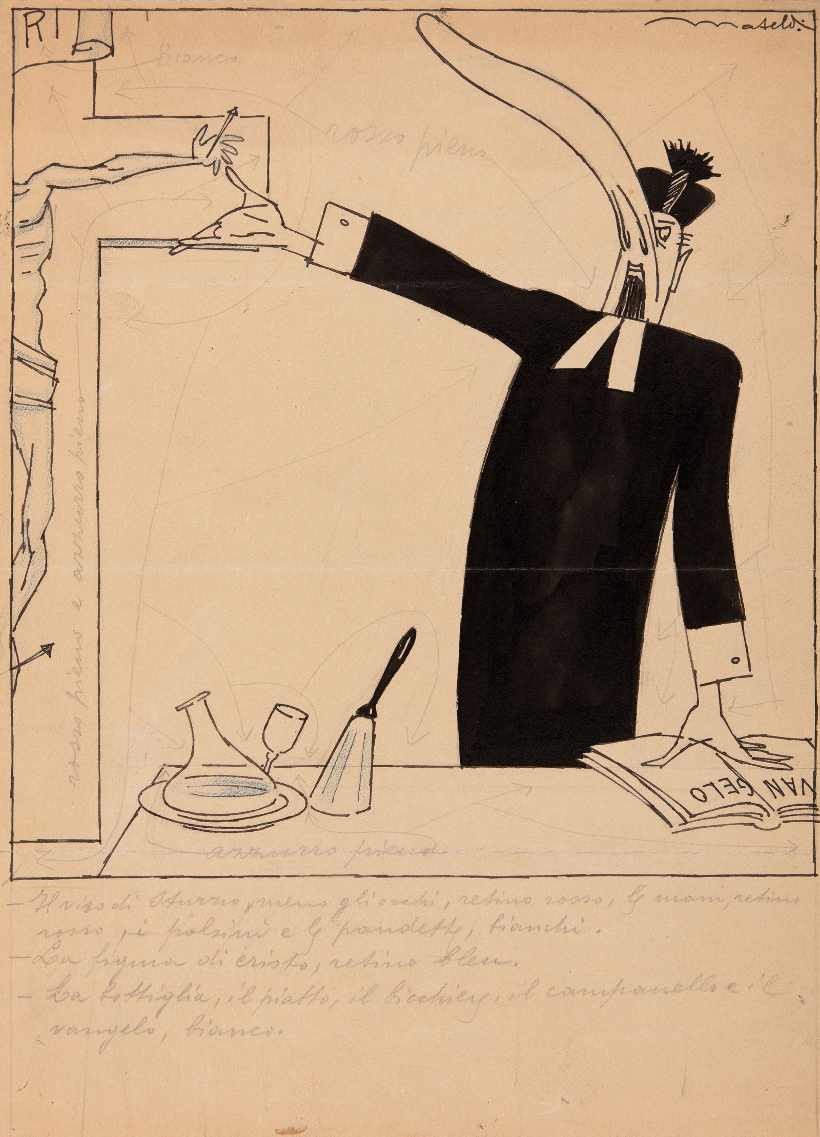 Mateldi Filiberto - "Sturzo: Elettori! Giuro sul Vangelo che Cristo fu crocifisso dalla reazione: Mateldi Filiberto - "Sturzo: Elettori! Giuro sul Vangelo che Cristo fu crocifisso dalla reazione fascista!", anni 20 ITA pastello e china su cartoncino, 24 x 33 cm Illustrazione originale rea