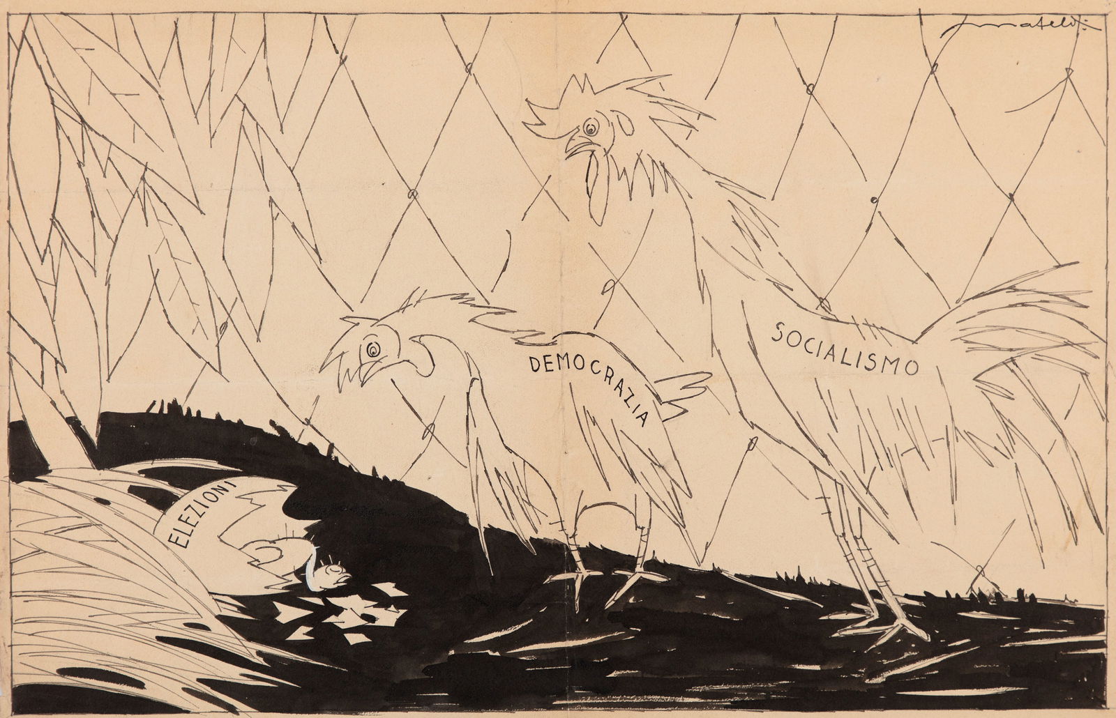 Mateldi Filiberto - "Pasqua di morte", anni 20: Mateldi Filiberto - "Pasqua di morte", anni 20 ITA matita e china su cartoncino, 48 x 31 cm Illustrazione originale realizzata da Mateldi negli anni ‘20. Pieghe e fori di affissione. Fi