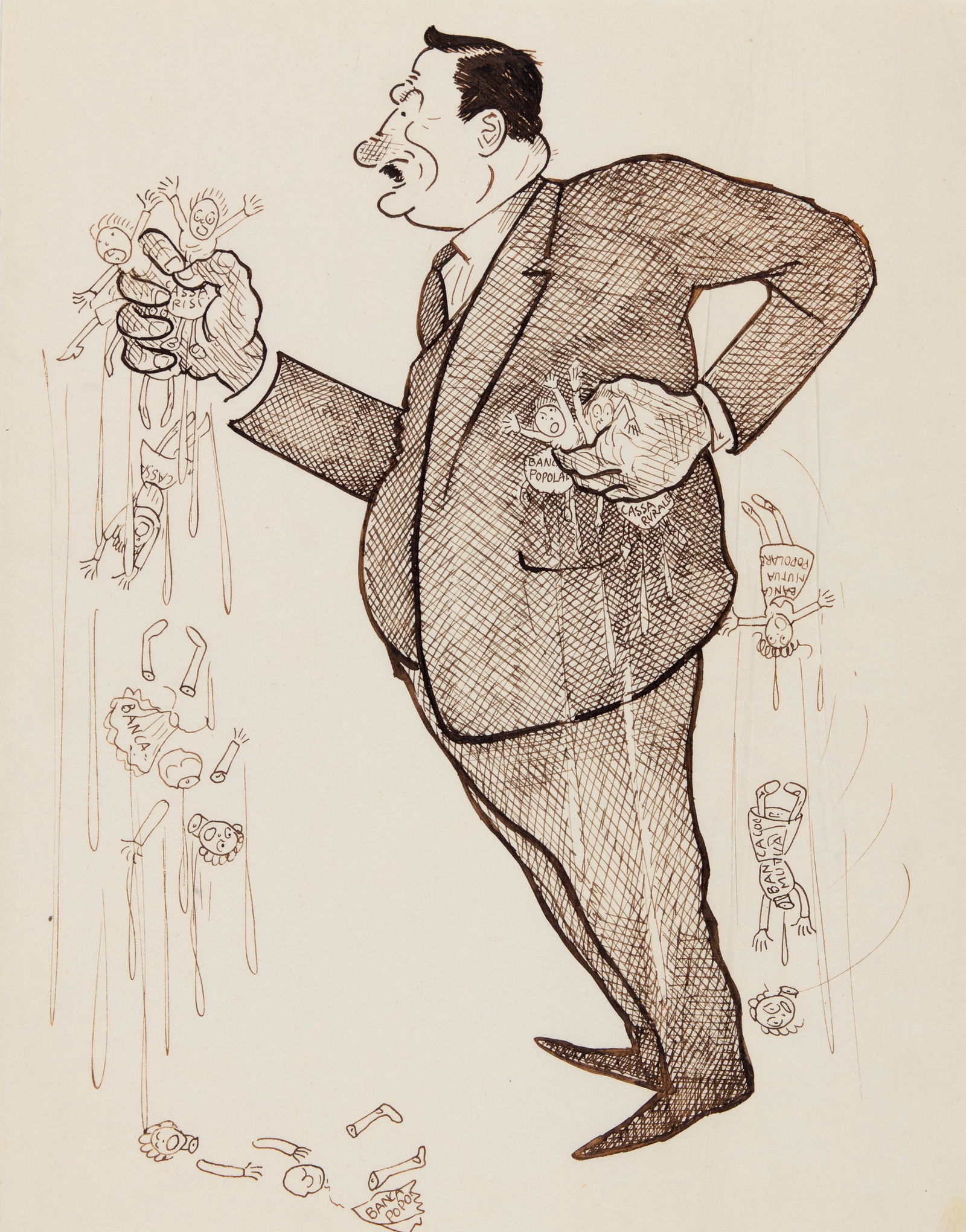 A.N.I. (Autore non identificato) - "La morte delle banche", anni 40: A.N.I. (Autore non identificato) - "La morte delle banche", anni 40 ITA china su carta, 21 x 27 cm Illustrazione originale realizzata negli anni ‘40.____________________________________