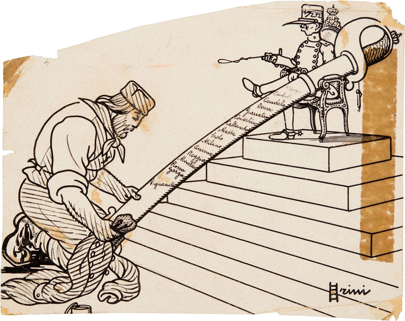 Scalarini Giuseppe - "I repubblicani interventisti spingono Garibaldi a lustrare lo spadone: Scalarini Giuseppe - "I repubblicani interventisti spingono Garibaldi a lustrare lo spadone insanguinato del Re", 1915 ITA matita e china su carta, 15 x 12 cm Illustrazione originale realizza