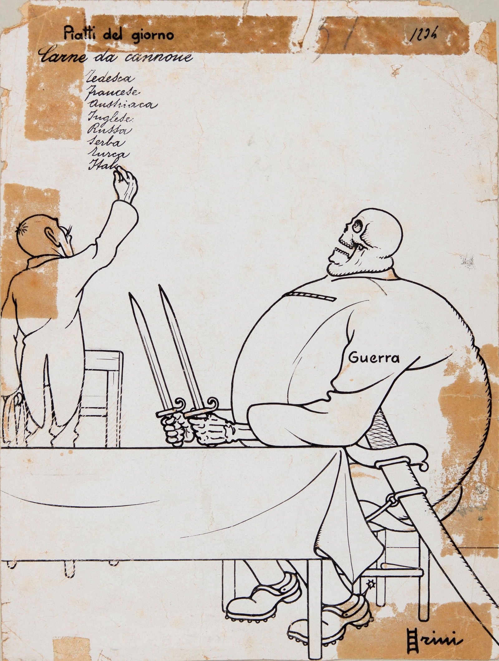 Scalarini Giuseppe - "Piatti del giorno: Carne da cannone", 1915: Scalarini Giuseppe - "Piatti del giorno: Carne da cannone", 1915 ITA matita e china su carta, 16,5 x 22 cm Illustrazione originale realizzata da Scalarini nel 1915. Pieghe, strappi e mancanze