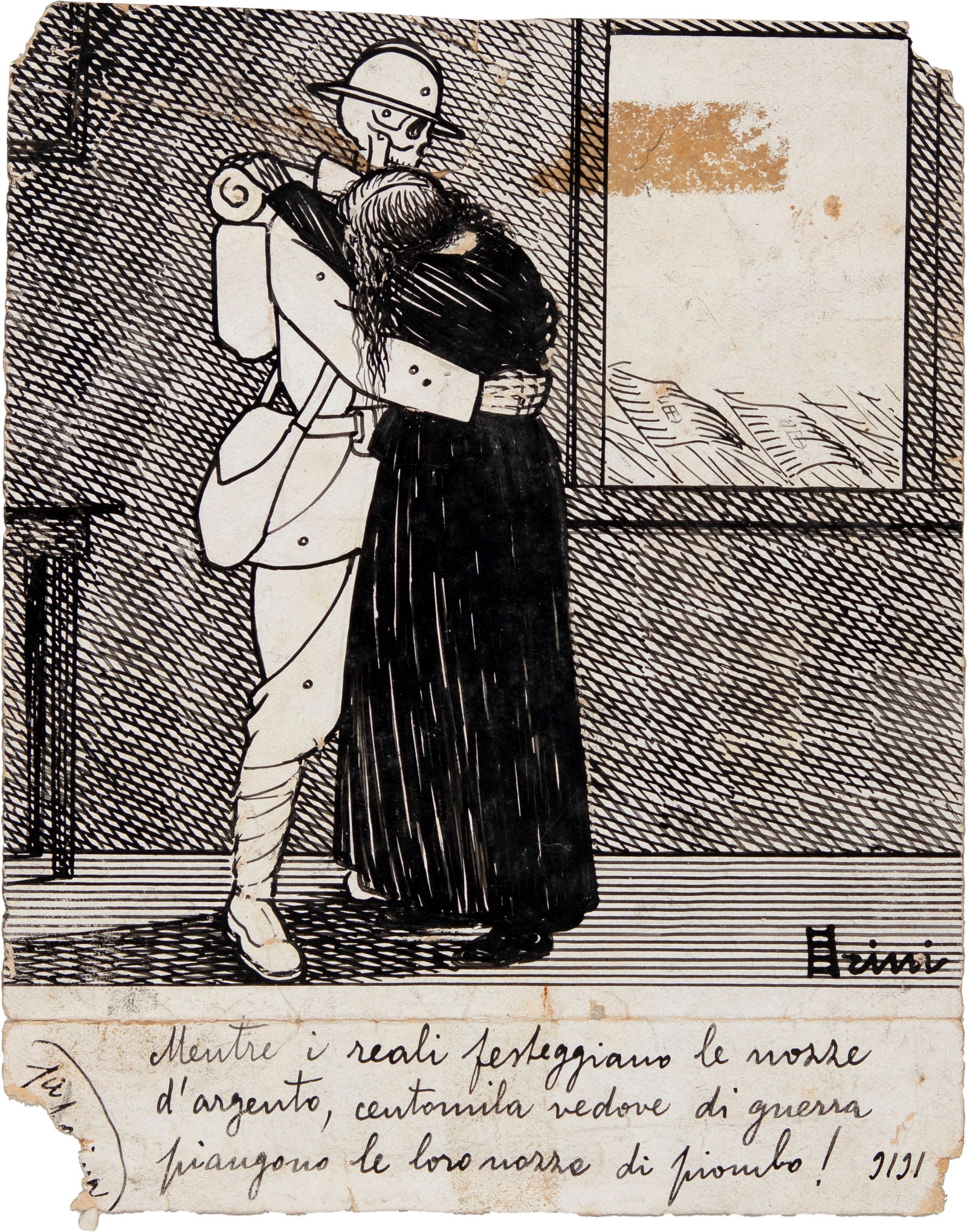 Scalarini Giuseppe - "Mentre i reali festeggiano le nozze d‘argento, centomilia vedove di: Scalarini Giuseppe - "Mentre i reali festeggiano le nozze d‘argento, centomilia vedove di guerra piangono le loro nozze di piombo!", 1921 ITA matita e china su carta, 12,5 x 15,5 cm Ill