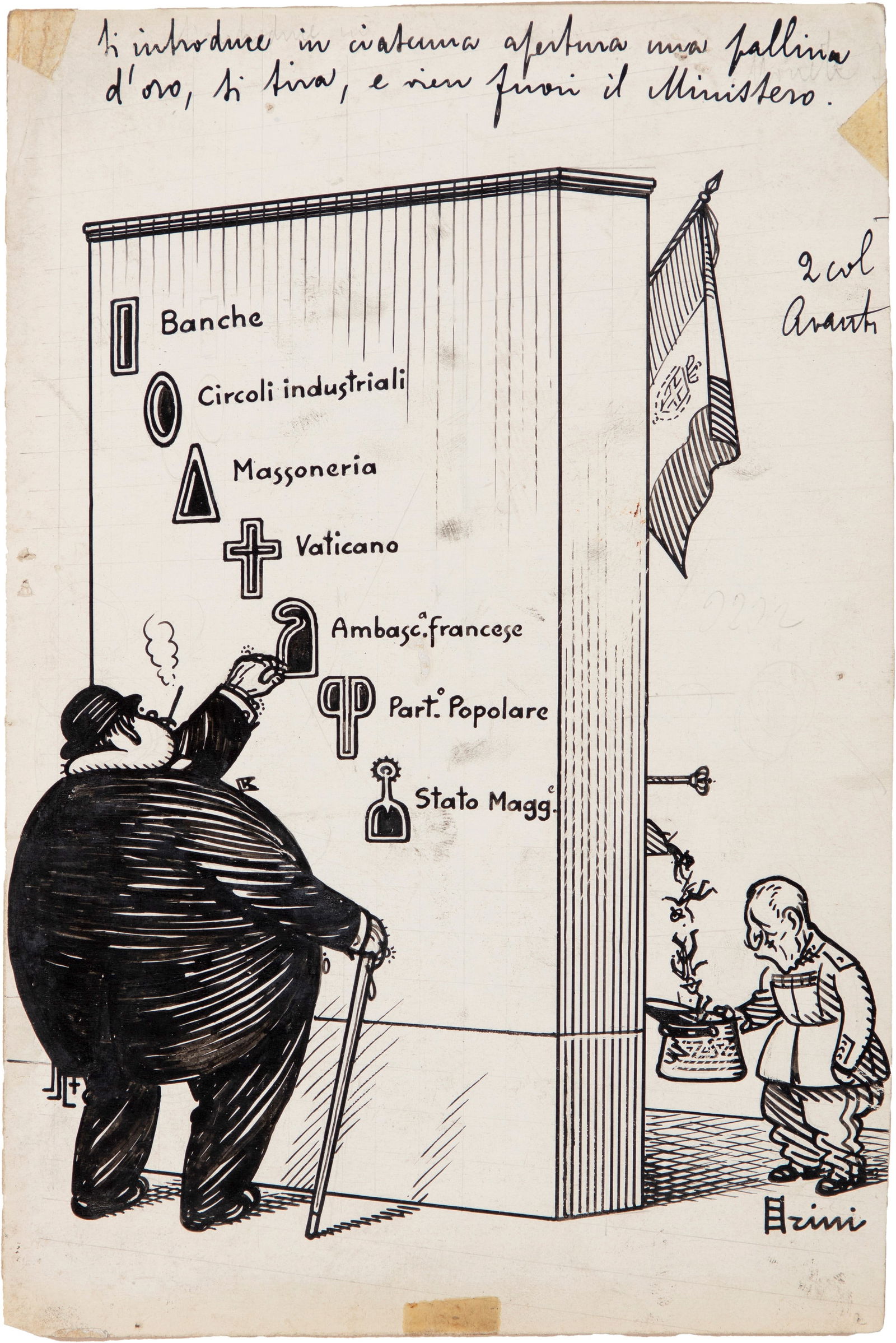 Scalarini Giuseppe - "Si introduce in ciascuna apertura una pallina d‘oro, si tira, e vien: Scalarini Giuseppe - "Si introduce in ciascuna apertura una pallina d‘oro, si tira, e vien fuori il Ministero", 1919 ITA matita e china su cartoncino, 14,5 x 22 cm Illustrazione origina