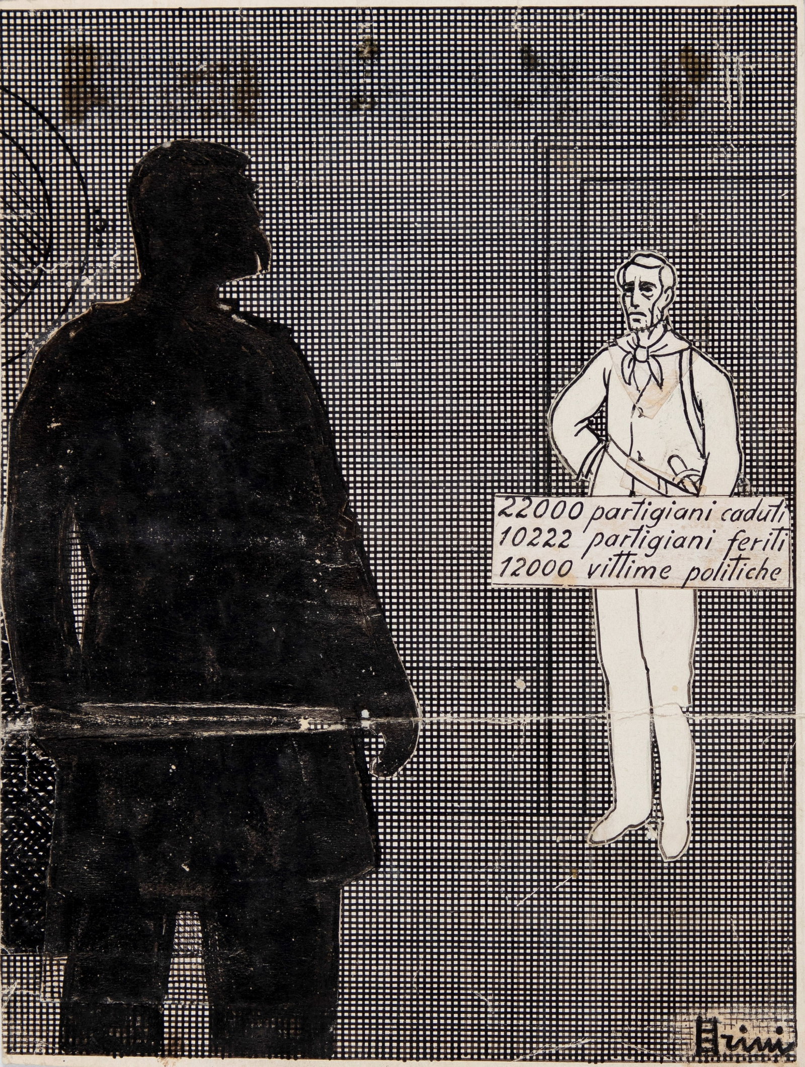 Scalarini Giuseppe - "L‘ombra del partigiano all‘assemblea delle Nazioni Unite",: Scalarini Giuseppe - "L‘ombra del partigiano all‘assemblea delle Nazioni Unite", 1946 ITA matita e china su carta, 12,5 x 16,5 cm Illustrazione originale realizzata da Scalarini n