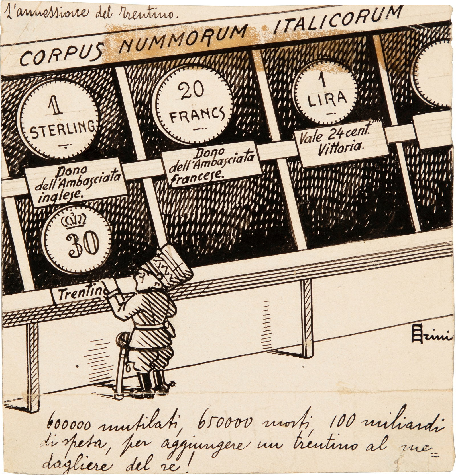 Scalarini Giuseppe - "L‘annessione del Trentino", 1919: Scalarini Giuseppe - "L‘annessione del Trentino", 1919 ITA matita e china su carta, 12,5 x 13 cm Illustrazione originale realizzata da Scalarini nel 1919. Pieghe. Firmata.______________