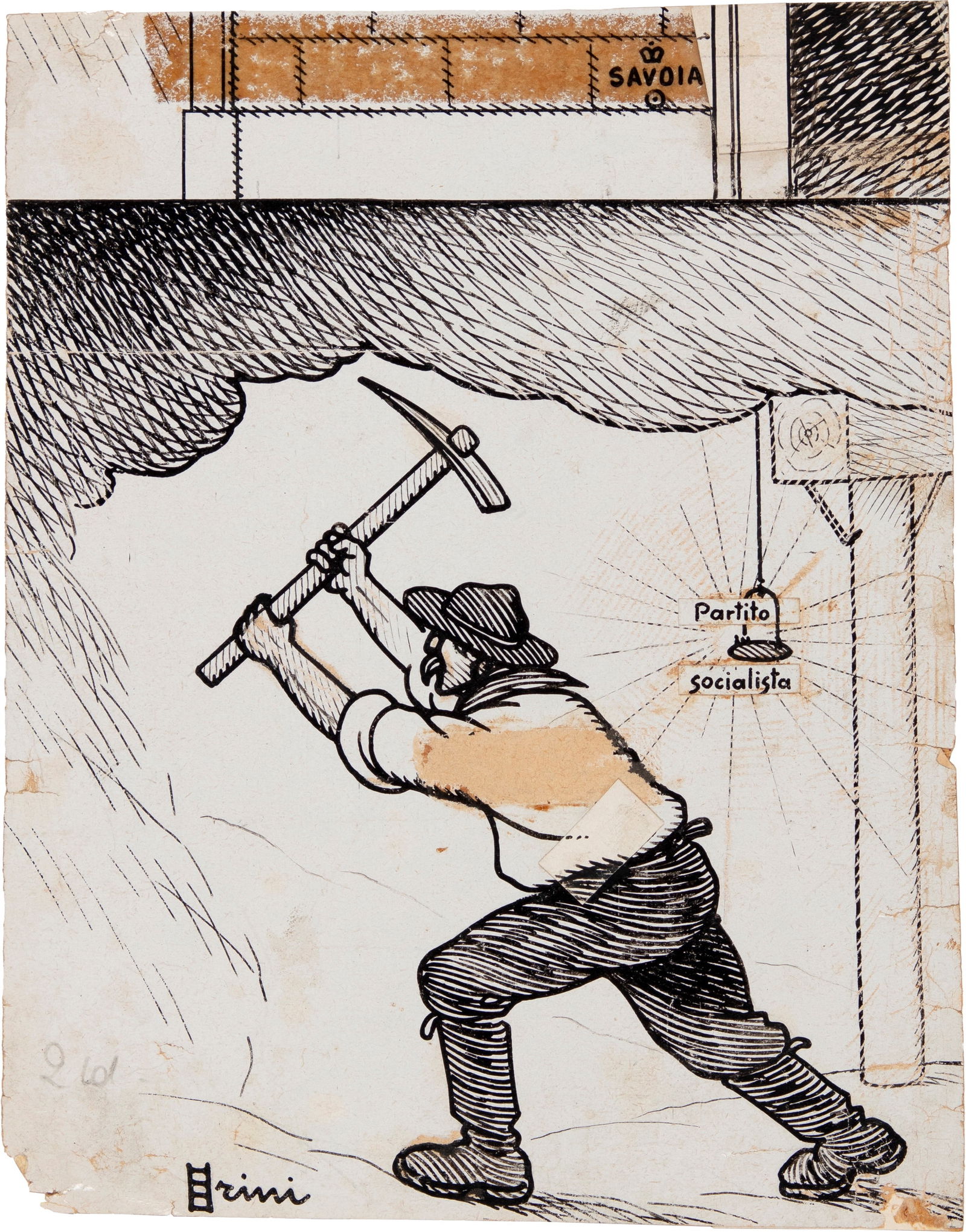 Scalarini Giuseppe - "Partito Socialista", anni 40: Scalarini Giuseppe - "Partito Socialista", anni 40 ITA matita e china su carta, 13 x 16,5 cm Illustrazione originale realizzata da Scalarini negli anni ‘40. Pieghe e mancanze. Firmata._