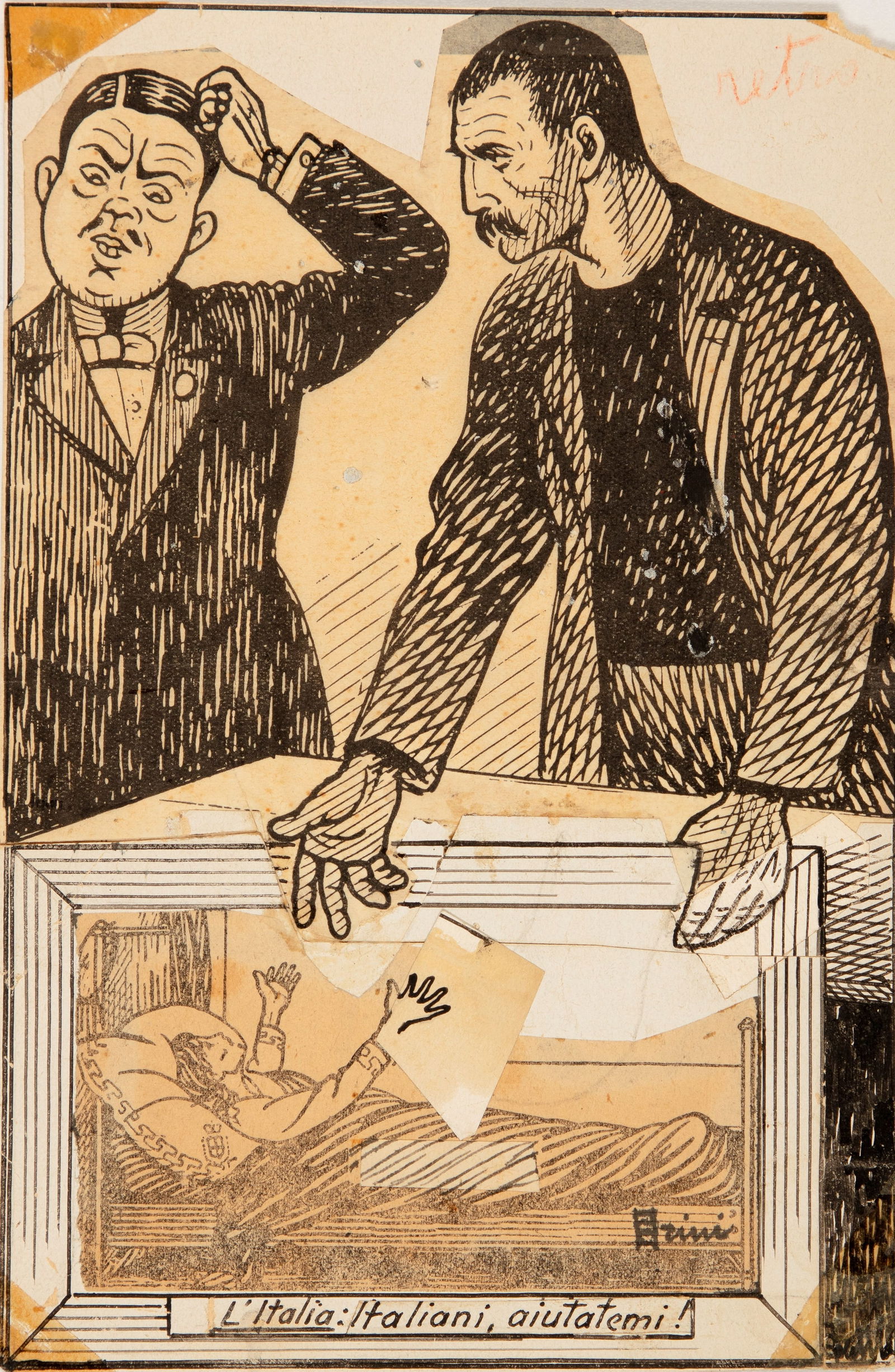 Scalarini Giuseppe - "L‘Italia: italiani aiutatemi!", anni 40: Scalarini Giuseppe - "L‘Italia: italiani aiutatemi!", anni 40 ITA matita, china e fotocopia su carta, 12 x 18,5 cm Illustrazione originale realizzata da Scalarini negli anni ‘40.