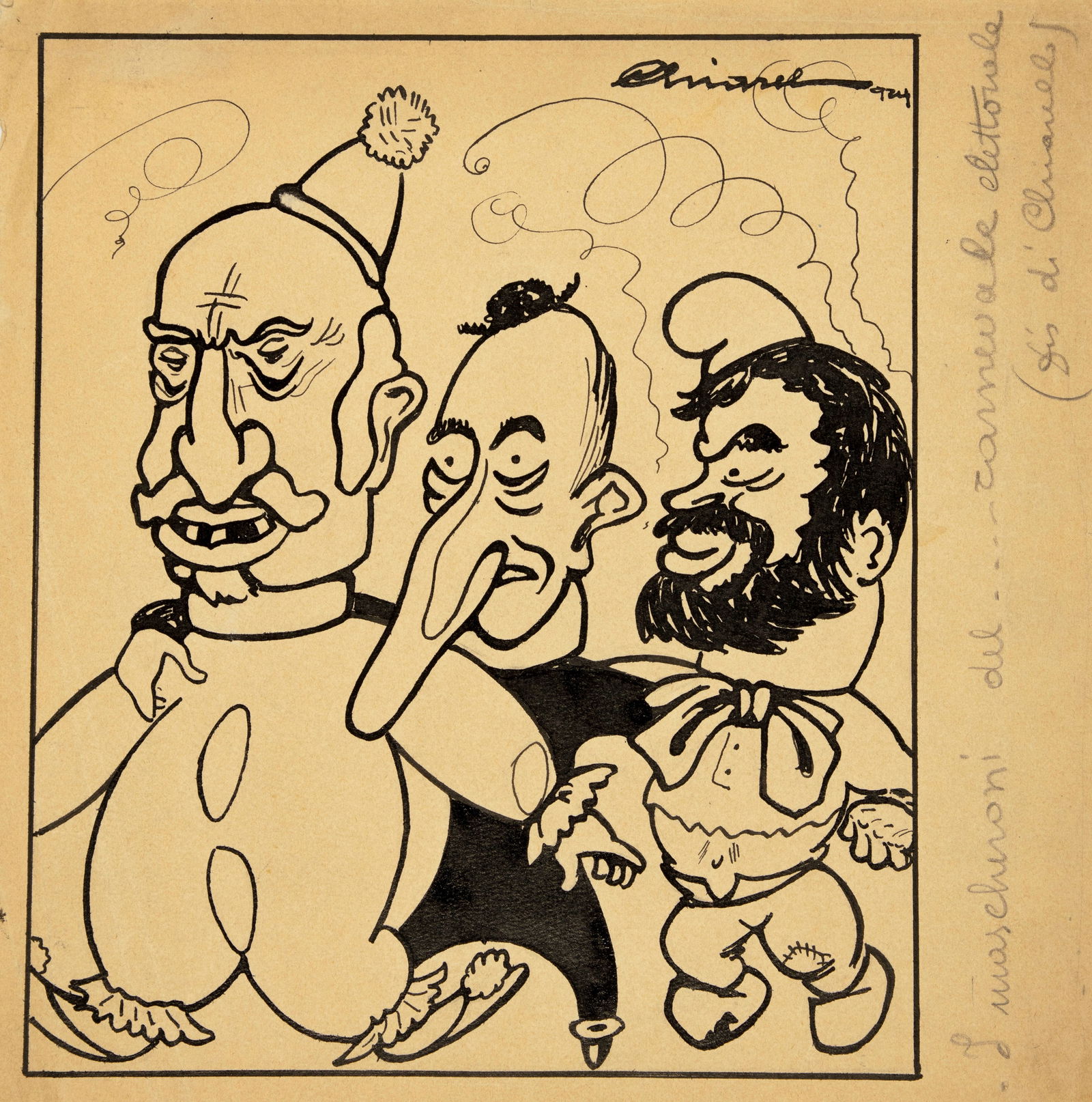 A.N.I. (Autore non identificato) - "I mascheroni del carnevale elettorale", 1924: A.N.I. (Autore non identificato) - "I mascheroni del carnevale elettorale", 1924 ITA matita e china su cartoncino, 25,5 x 25,5 cm Illustrazione originale realizzata nel 1924. Pieghe. Firmata