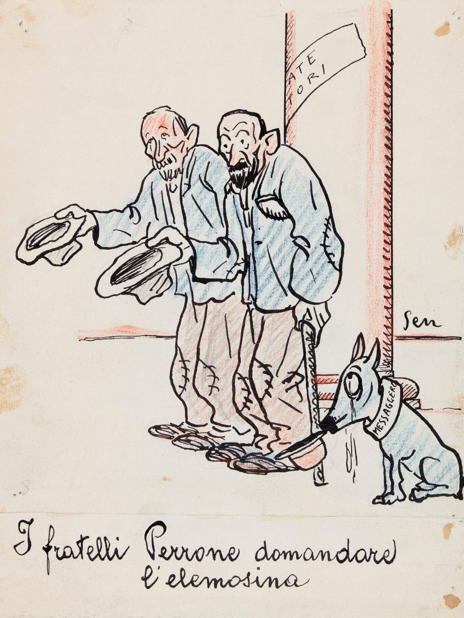 A.N.I. (Autore non identificato) - "I fratelli Perrone", anni 20: A.N.I. (Autore non identificato) - "I fratelli Perrone", anni 20 ITA pastello e china su cartoncino, 16,5 x 22 cm Illustrazione originale realizzata negli anni ‘20. Firmata.____________