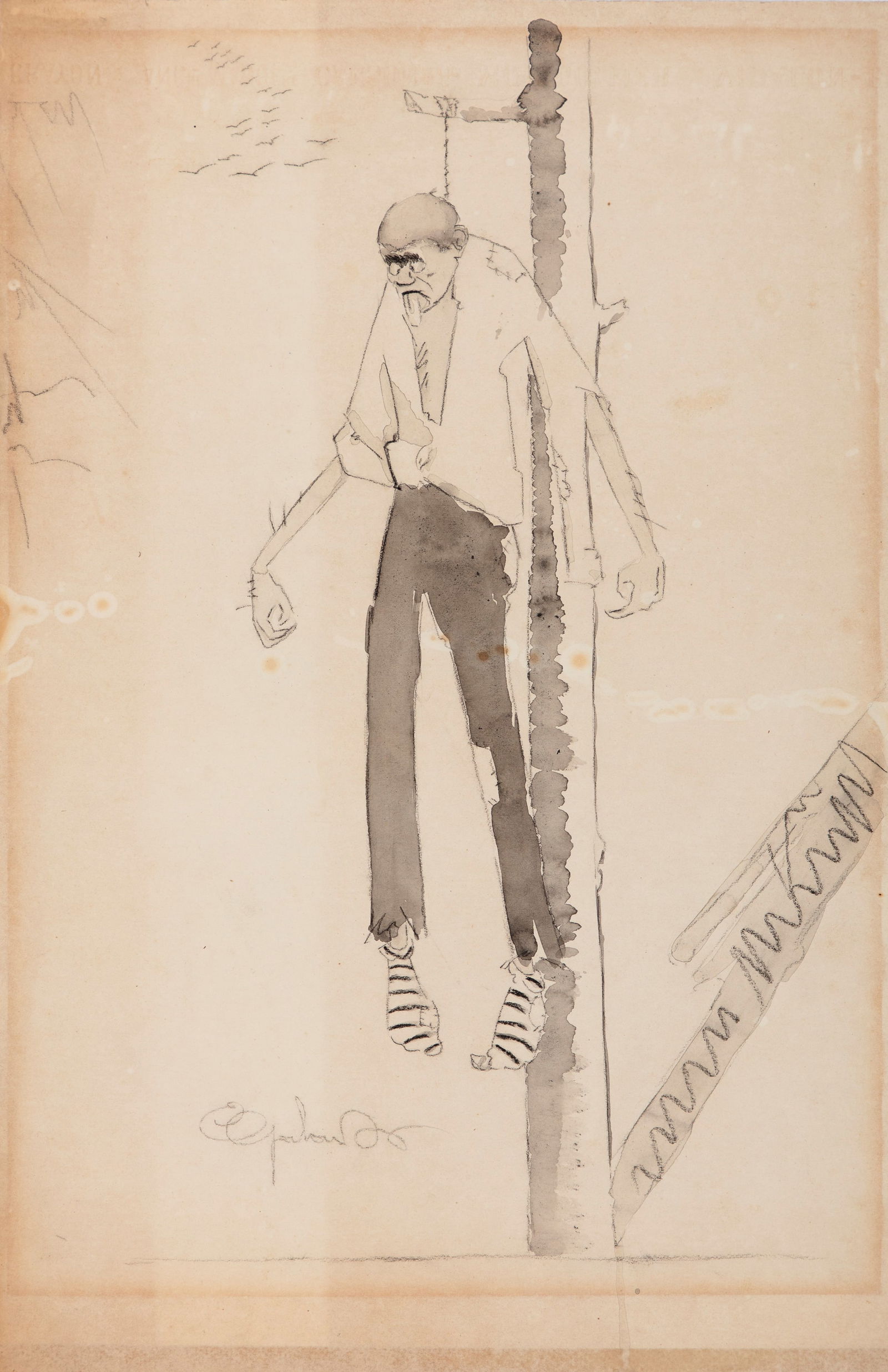 A.N.I. (Autore non identificato) - "L‘impiccato", anni 30: A.N.I. (Autore non identificato) - "L‘impiccato", anni 30 ITA matita, china e acquerello su cartoncino, 32 x 49 cm Illustrazione originale realizzata negli anni ‘30. Firmata._____