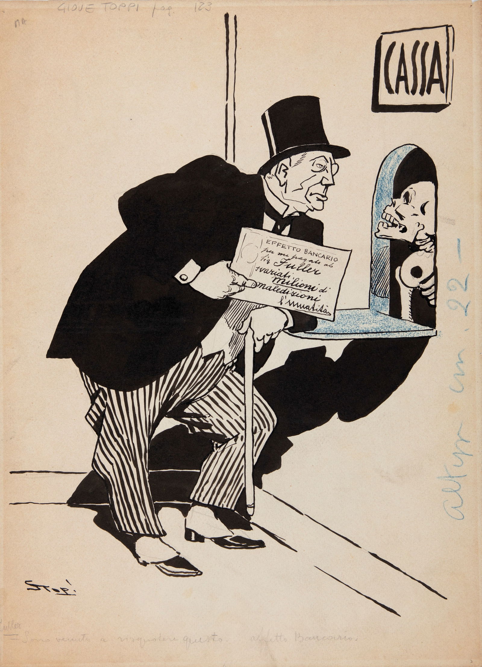 Stop (Giove Toppi) - "Effetto bancario", anni 20: Stop (Giove Toppi) - "Effetto bancario", anni 20 ITA pastello e china su cartoncino, 24 x 33,5 cm Illustrazione originale realizzata da Toppi negli anni ‘20. Firmata.___________________