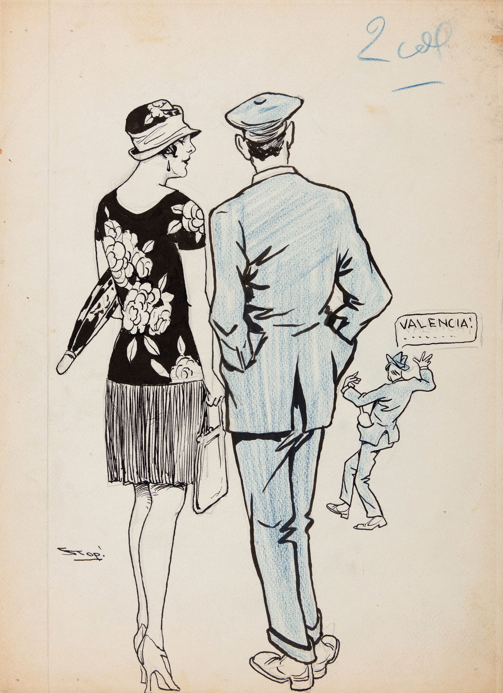Stop (Giove Toppi) - "Valencia!", anni 20: Stop (Giove Toppi) - "Valencia!", anni 20 ITA pastello e china su cartoncino, 24,5 x 33 cm Illustrazione originale realizzata da Toppi negli anni ‘20. Al retro: « Lui: Vedete quell