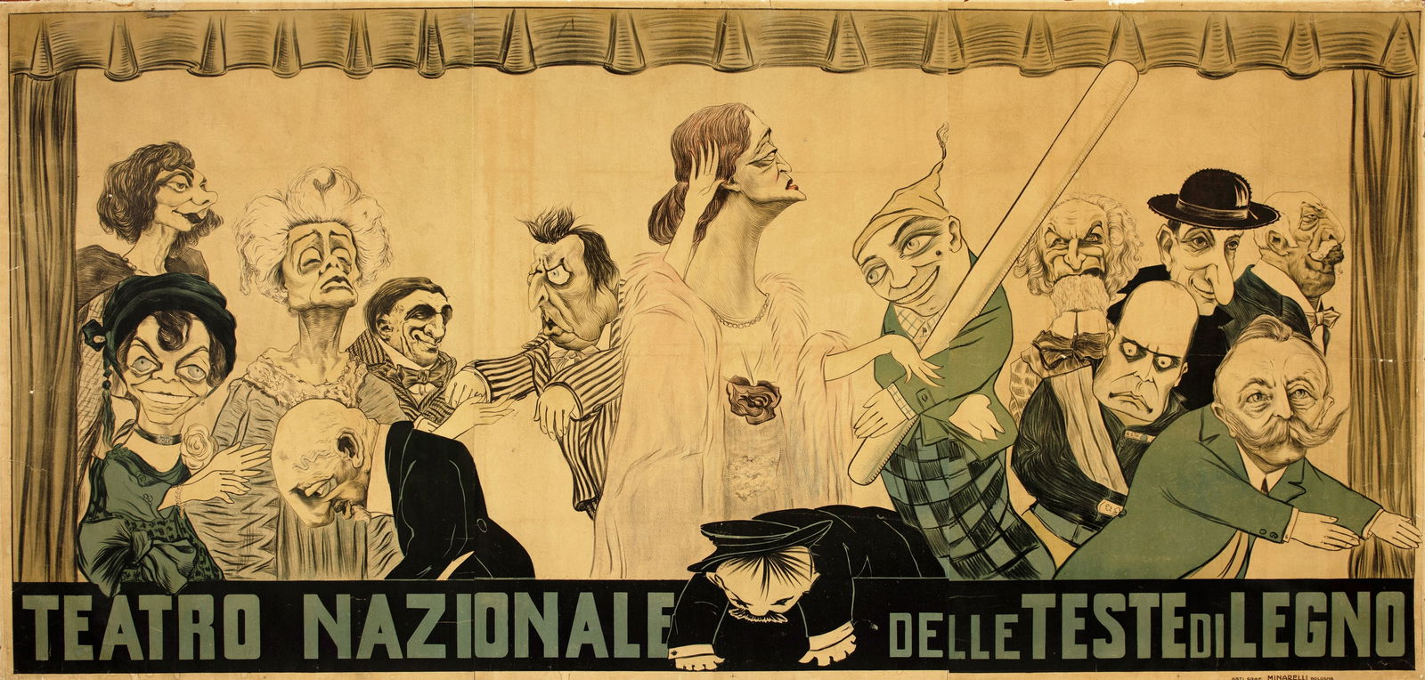 Tirelli Umberto - "Teatro Nazionale delle Teste di Legno", 1923: Tirelli Umberto - "Teatro Nazionale delle Teste di Legno", 1923 ITA cromolitografia su carta applicata a tela, 200 x 100 cm Manifesto originale realizzato dal caricaturista modenese Umberto Tirelli p