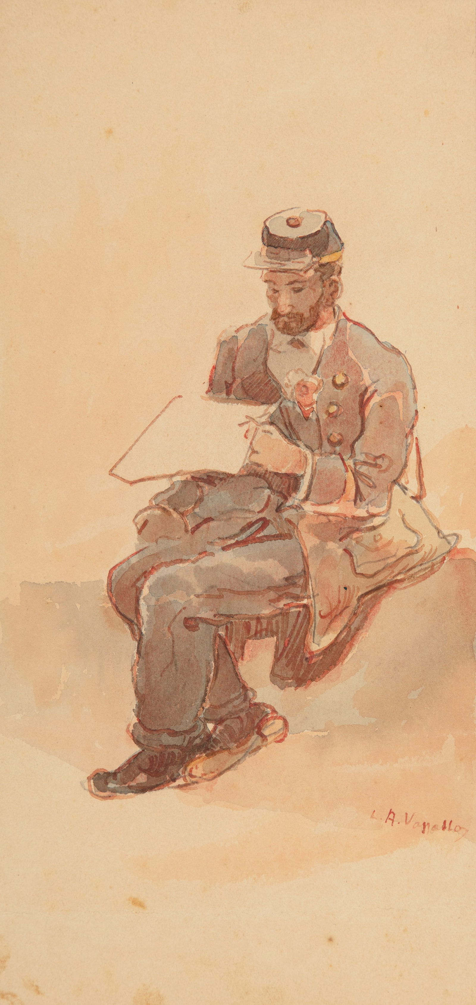 Vassallo Luigi Arnaldo - "A riposo", anni 20: Vassallo Luigi Arnaldo - "A riposo", anni 20 ITA acquerello su cartoncino, 12 x 25 cm Firmato.________________________________________________________________ENG watercolor on thin cardboard