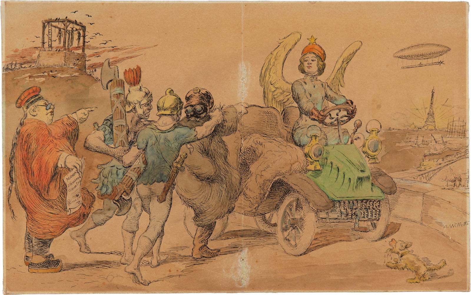 Willette Adolphe - "Anacronismo: il diritto romano ha qualche attinenza con l‘esistenza: Willette Adolphe - "Anacronismo: il diritto romano ha qualche attinenza con l‘esistenza moderna?", 1898 ITA china e acquerello su cartoncino, 41 x 25,5 cm Illustrazione originale realiz