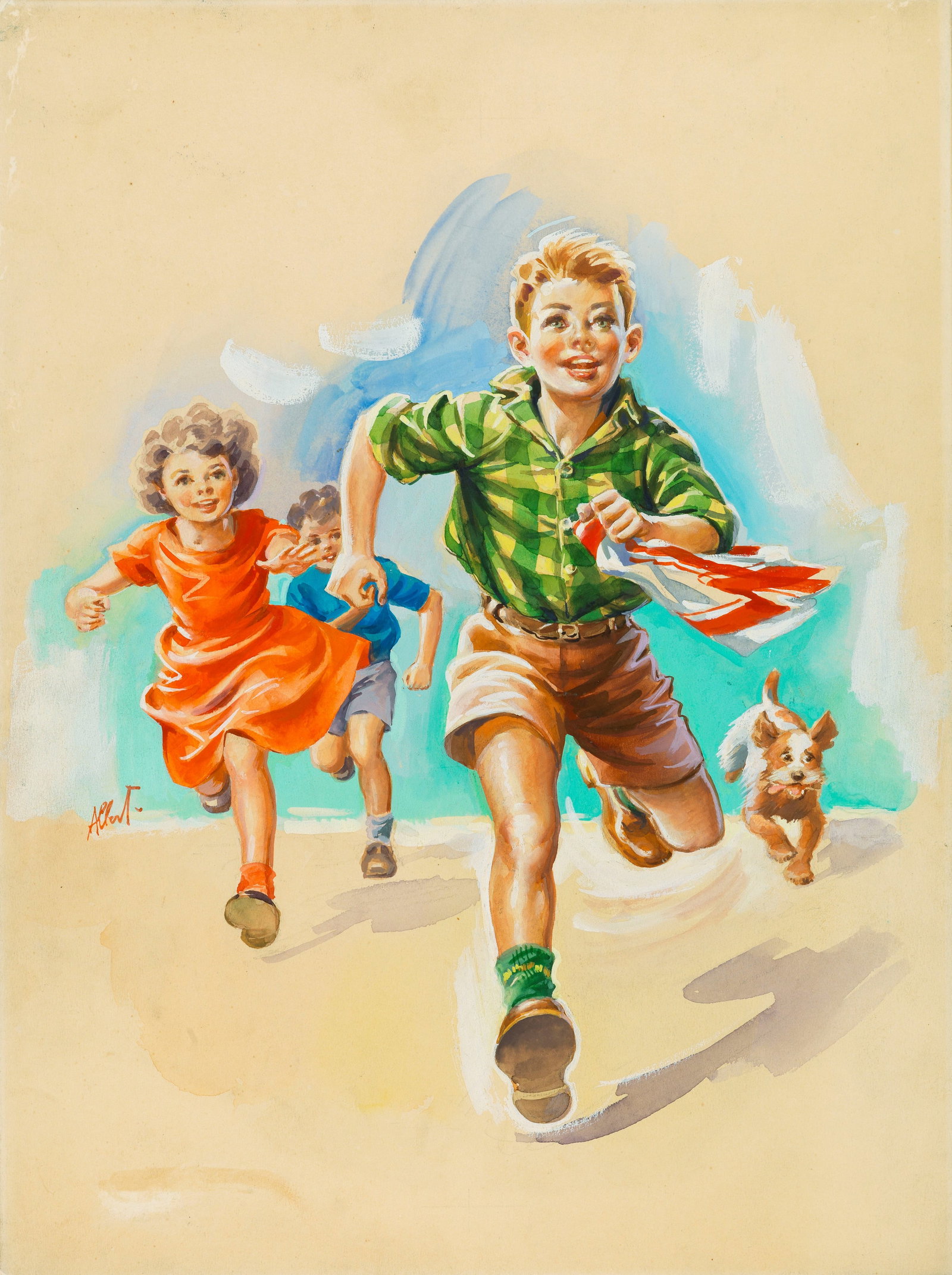 Albertarelli Rino - "Sussidiario scolastico", anni 50: Albertarelli Rino - "Sussidiario scolastico", anni 50 ITA tempera su cartone, 30 x 40 cm Originale di copertina realizzato da Albertarelli per un sussidiario scolastico edito da Aristea negli