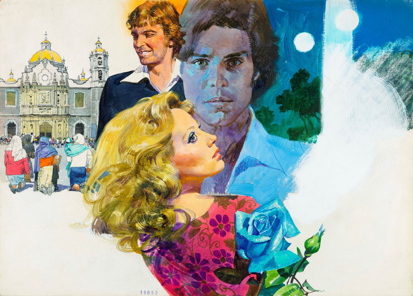 Biffignandi Alessandro - "La rosa blu", anni 70: Biffignandi Alessandro - "La rosa blu", anni 70 ITA tempera su cartone, 51 x 36,5 cm Illustrazione originale realizzata da Biffignandi, pubblicata a doppia pagina sulla rivista Confidenze n.