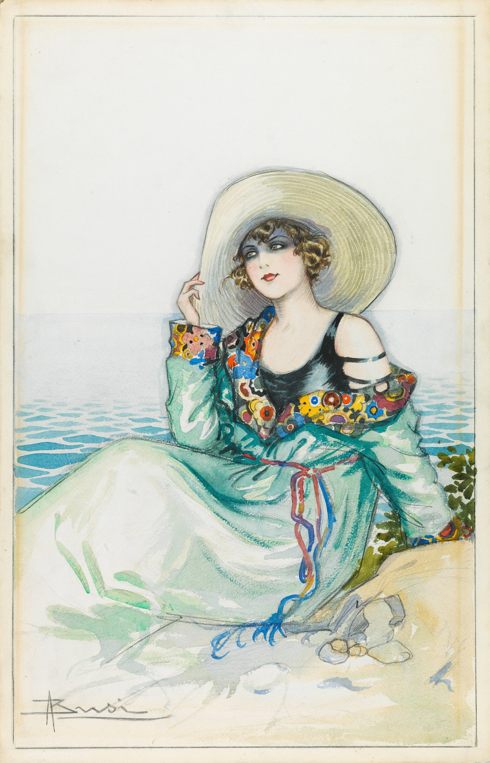Busi Adolfo - "Lungo la spiaggia", anni 20: Busi Adolfo - "Lungo la spiaggia", anni 20 ITA acquerello e tempera su cartone, 31,5 x 49 cm Illustrazione originale realizzata da Busi durante gli anni ‘20 per una delle sue celebri ca