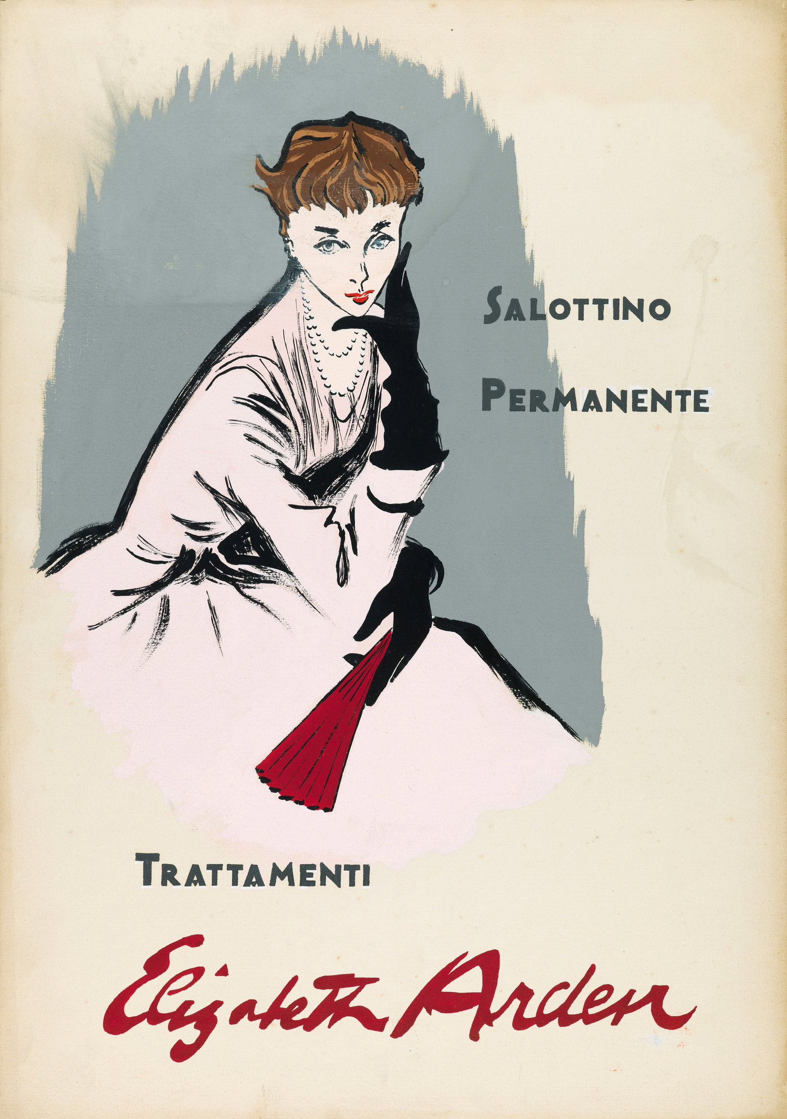 A.N.I. (Autore non identificato) - "Elizabeth Arden", anni 30: A.N.I. (Autore non identificato) - "Elizabeth Arden", anni 30 ITA china e tempera su cartone, 35 x 50 cm Illustrazione pubblicitaria realizzata per la nota azienda cosmetica Elizabeth Arden,