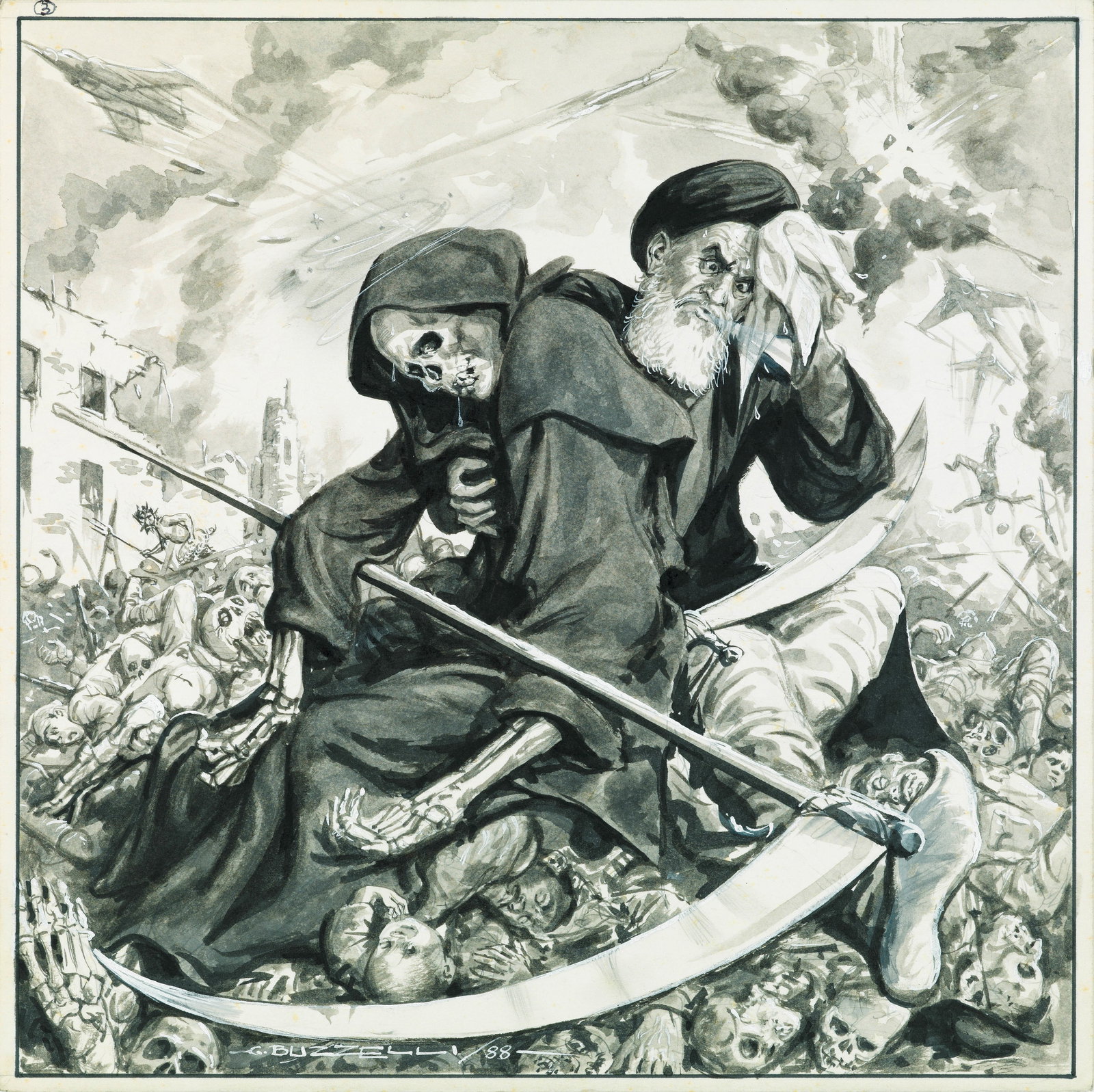 Buzzelli Guido - "Khomeyni e la Morte", 1988: Buzzelli Guido - "Khomeyni e la Morte", 1988 ITA matita, acquerello e tempera su cartoncino, 29 x 29 cm Firmato e datato.________________________________________________________________ENG p