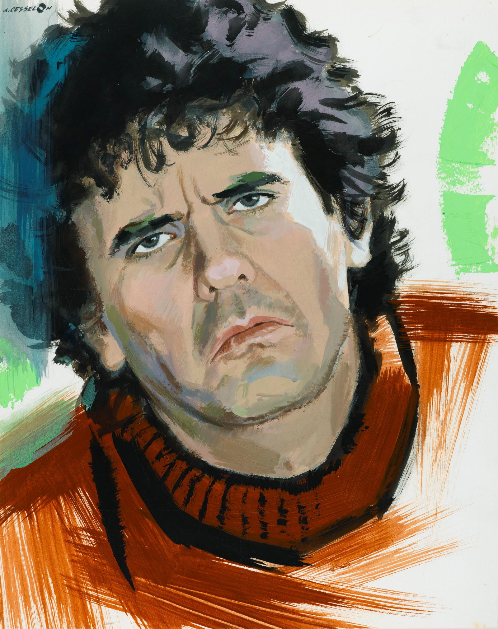 Cesselon Angelo - "Massimo Troisi", anni 70: Cesselon Angelo - "Massimo Troisi", anni 70 ITA tempera su cartoncino, 39 x 49 cm Firmato.________________________________________________________________ENG tempera on thin cardboard. Signe