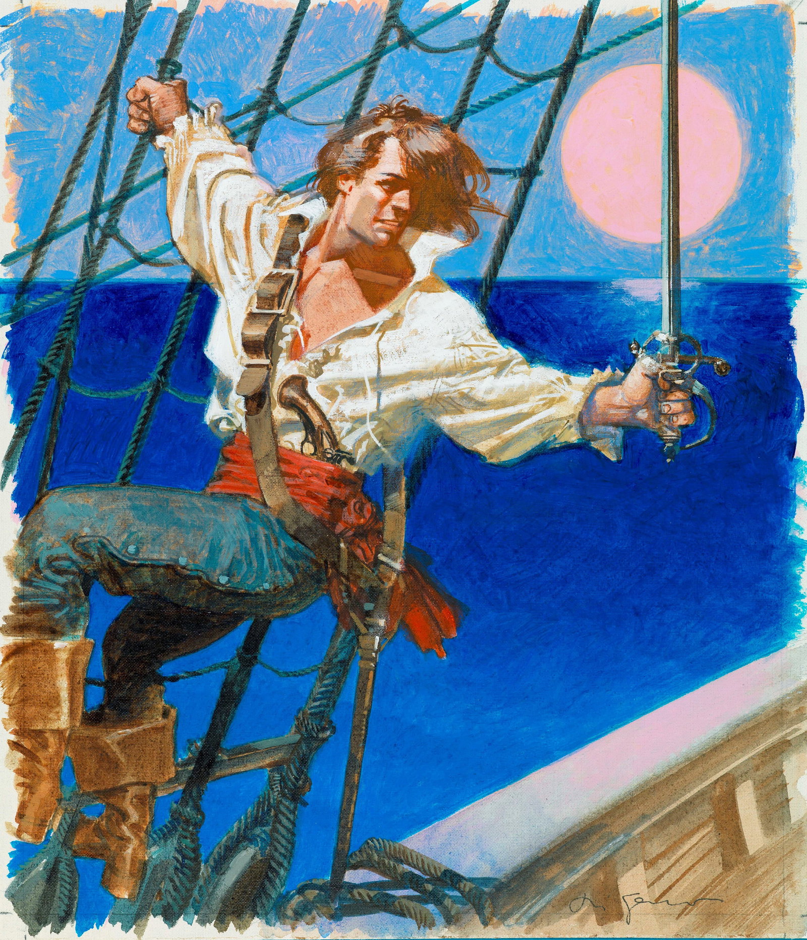 Di Gennaro Aldo - "Il corsaro", anni 90: Di Gennaro Aldo - "Il corsaro", anni 90 ITA tempera e acquerello su tela, 25 x 29 cm Originale di copertina realizzato da Di Gennaro per la rivista illustrata Notizie Letterarie, edito dalla