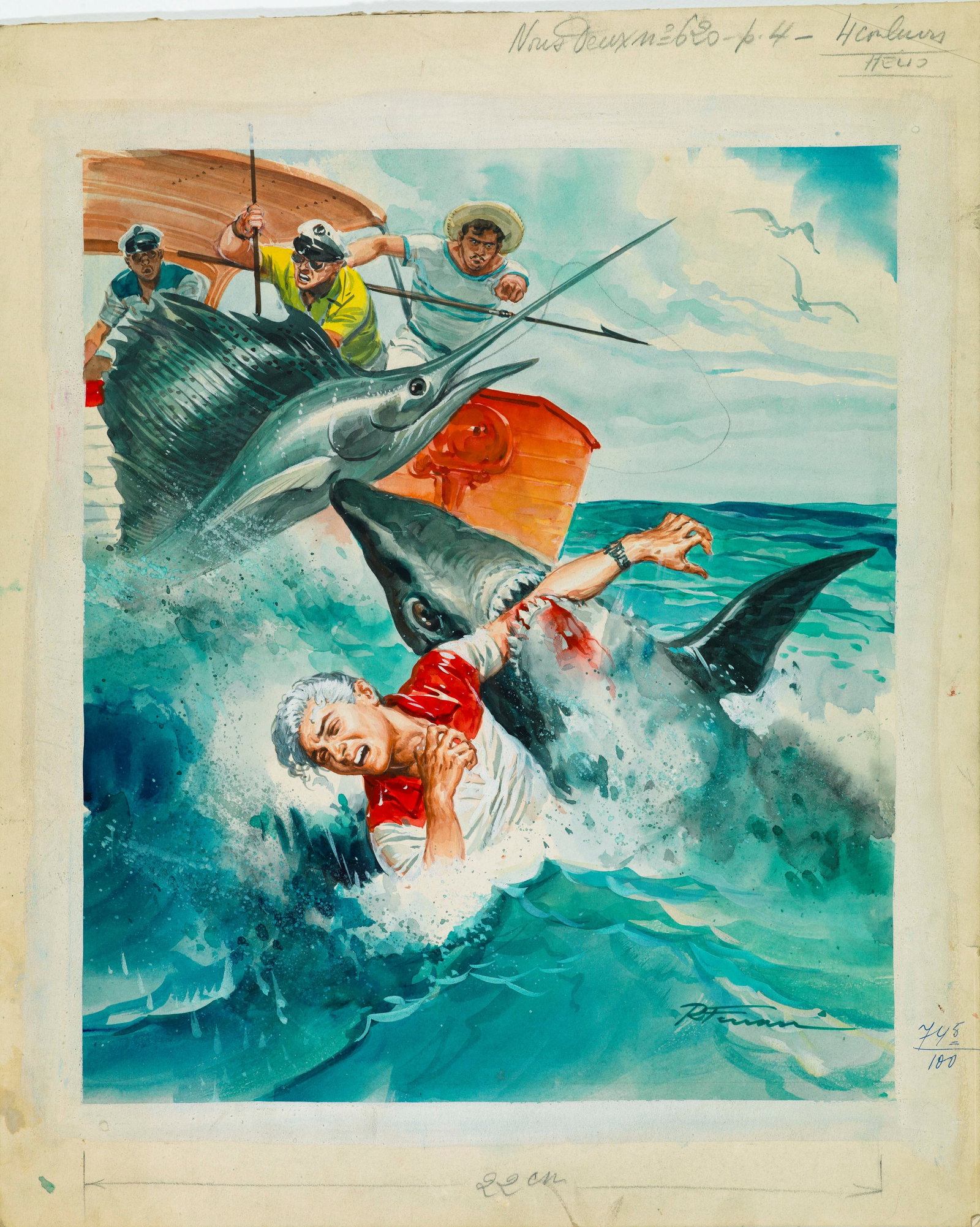 Ferrari Rino - "Squalo in alto mare", 1959: Ferrari Rino - "Squalo in alto mare", 1959 ITA tempera su cartone, 36,5 x 44,5 cm Illustrazione originale realizzata da Ferrari per il magazine francese Nous Deux n. 620 del 1959. Firmato.___