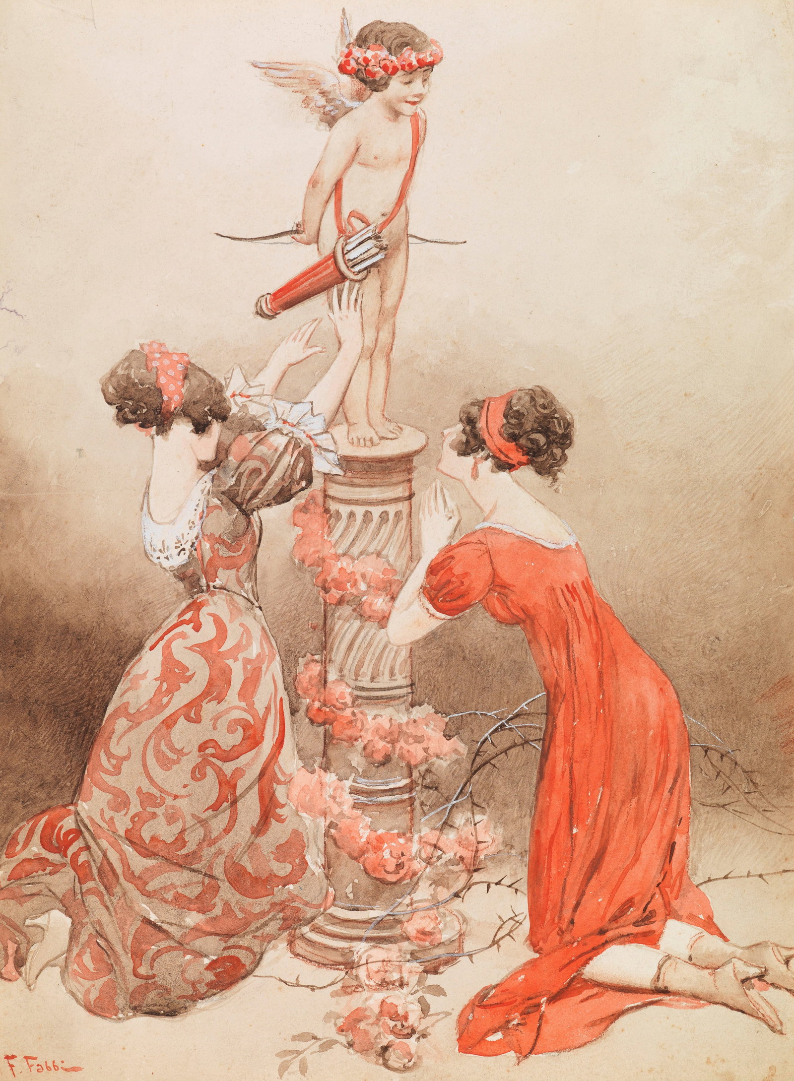 Fabbi Fabio - "L‘adorazione dell‘Amore", anni 20: Fabbi Fabio - "L‘adorazione dell‘Amore", anni 20 ITA acquerello e tempera su cartoncino, 25 x 33,5 cm Originale di copertina realizzato da Fabbi per la rivista La Sigaretta, edito