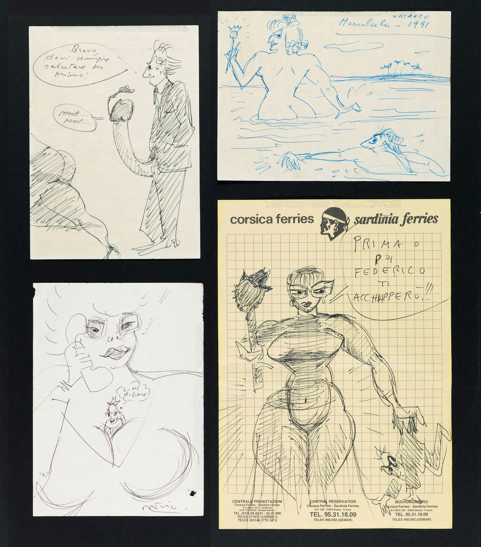 Fellini Federico - "Federico e le donne", anni 80 / 90: Fellini Federico - "Federico e le donne", anni 80 / 90 ITA biro su carta, a) 17 x 24 cm b-c) 12 x 17 cm d) 17 x 12 cm Lotto composto da 4 disegni originali realizzati da Fellini tra gli anni