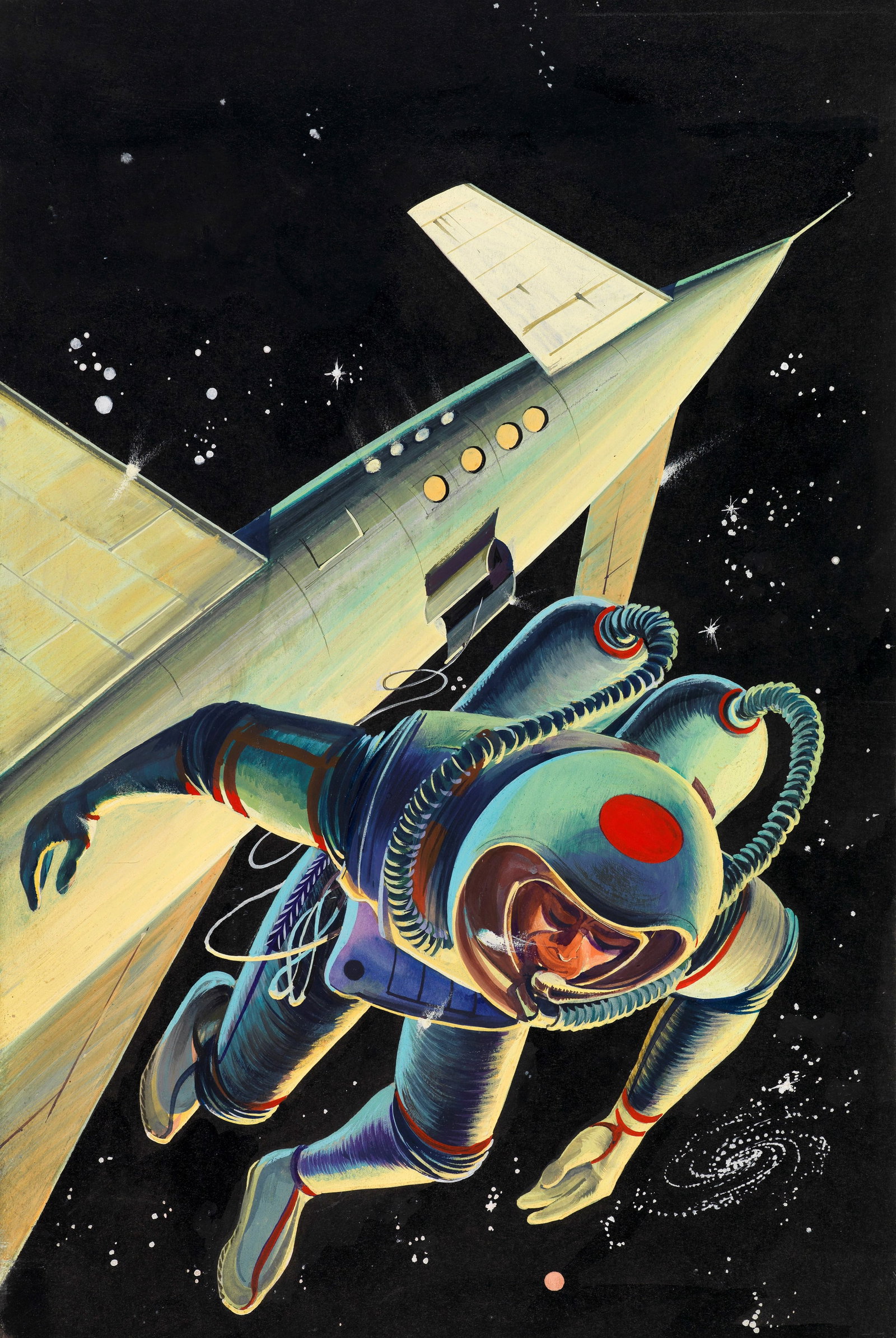 Garonzi Luigi - "Cosmo - Una strana odissea", 1959: Garonzi Luigi - "Cosmo - Una strana odissea", 1959 ITA tempera su cartone, 18,5 x 27,5 cm Originale di copertina realizzato da Garonzi per "Una strana odissea" di Ulisse Westmore, edi