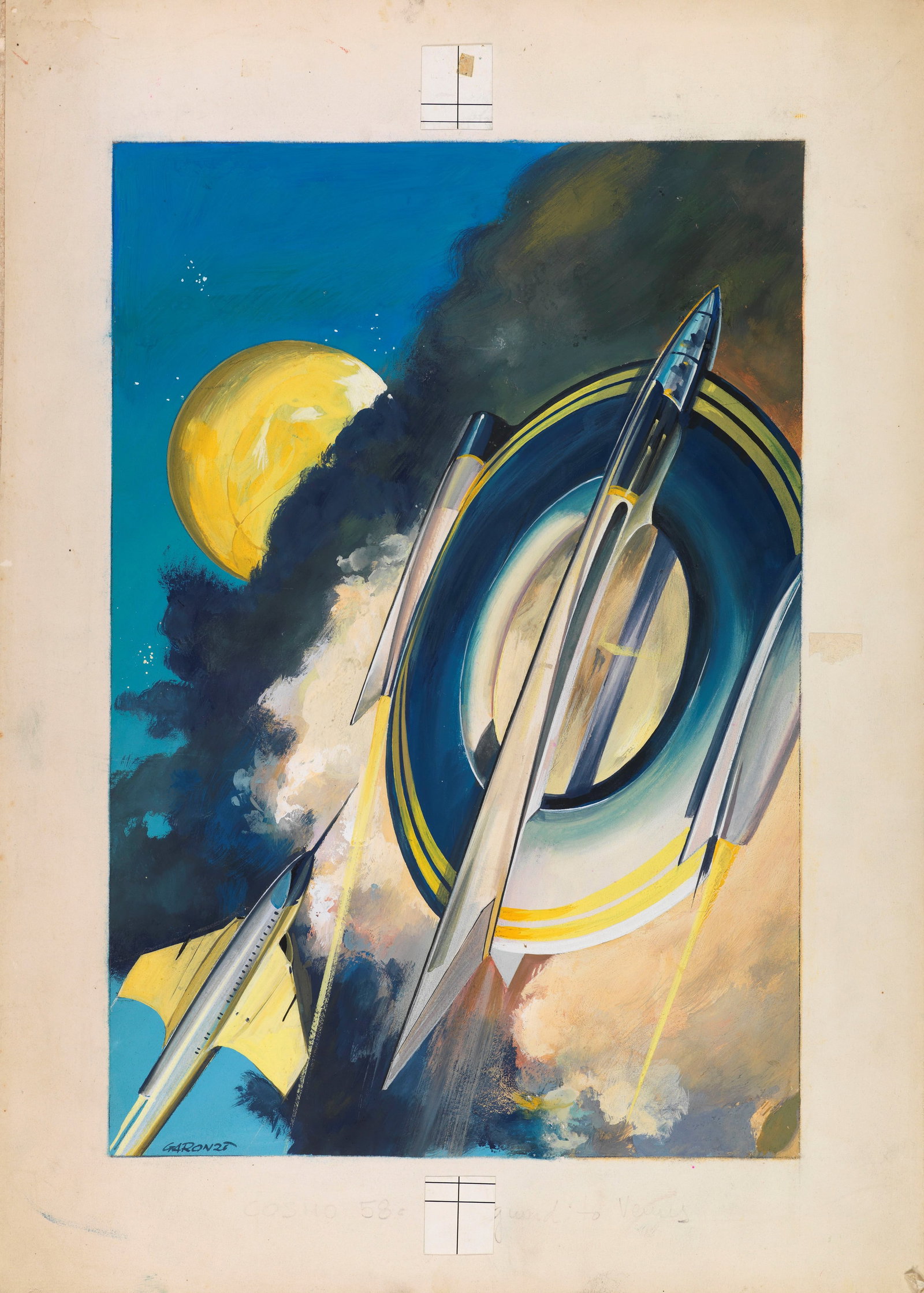 Garonzi Luigi - "Cosmo - Il pianeta delle nove lune", 1960: Garonzi Luigi - "Cosmo - Il pianeta delle nove lune", 1960 ITA tempera su cartone, 26 x 36 cm Originale di copertina realizzato da Garonzi per "Il pianeta delle nove lune" di F. R. Ta