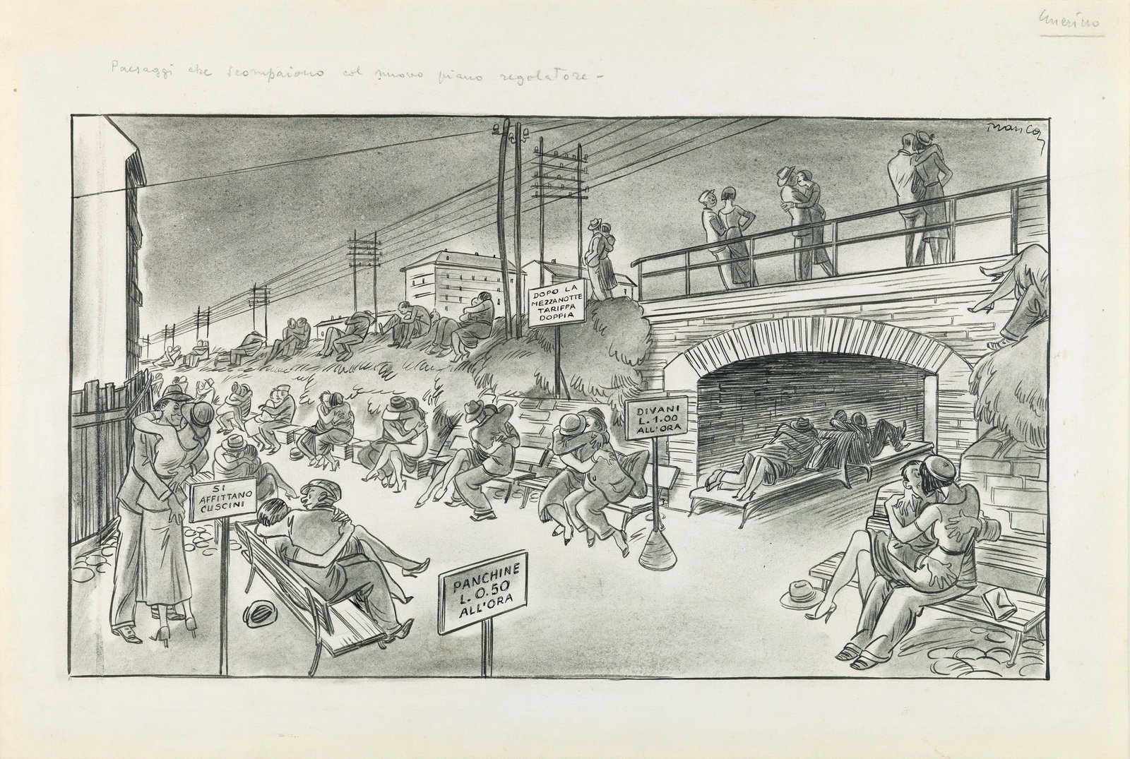 Manca Giovanni - "Paesaggi che scompaiono col nuovo piano regolatore", anni 30: Manca Giovanni - "Paesaggi che scompaiono col nuovo piano regolatore", anni 30 ITA matita e china su cartoncino, 43 x 29 cm Illustrazione originale realizzata da Manca negli anni ‘30 pe