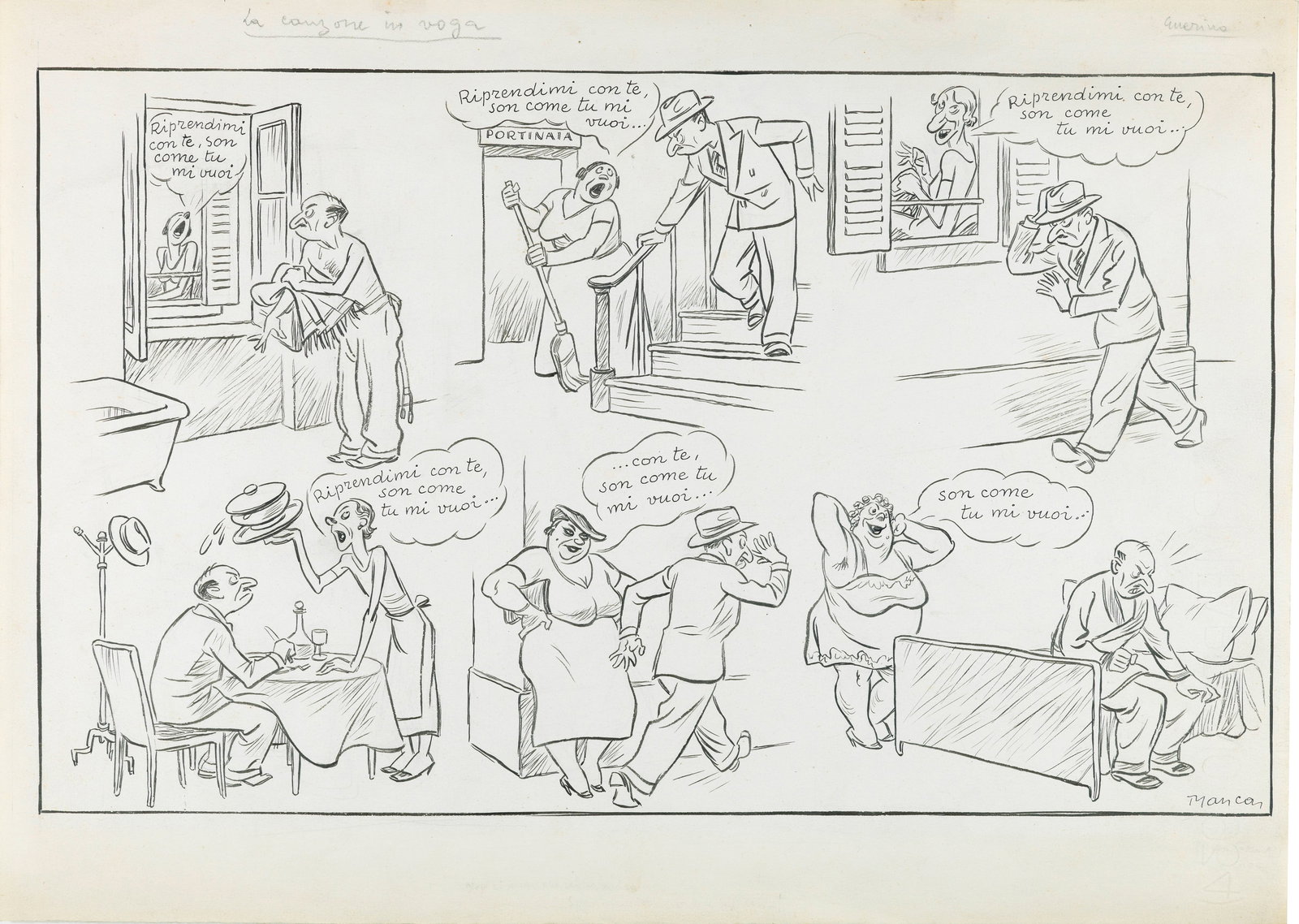 Manca Giovanni - "La canzone in voga", anni 30: Manca Giovanni - "La canzone in voga", anni 30 ITA matita e china su cartoncino, 46,5 x 33 cm Illustrazione originale realizzata da Manca negli anni ‘30 per il periodico satirico e umor
