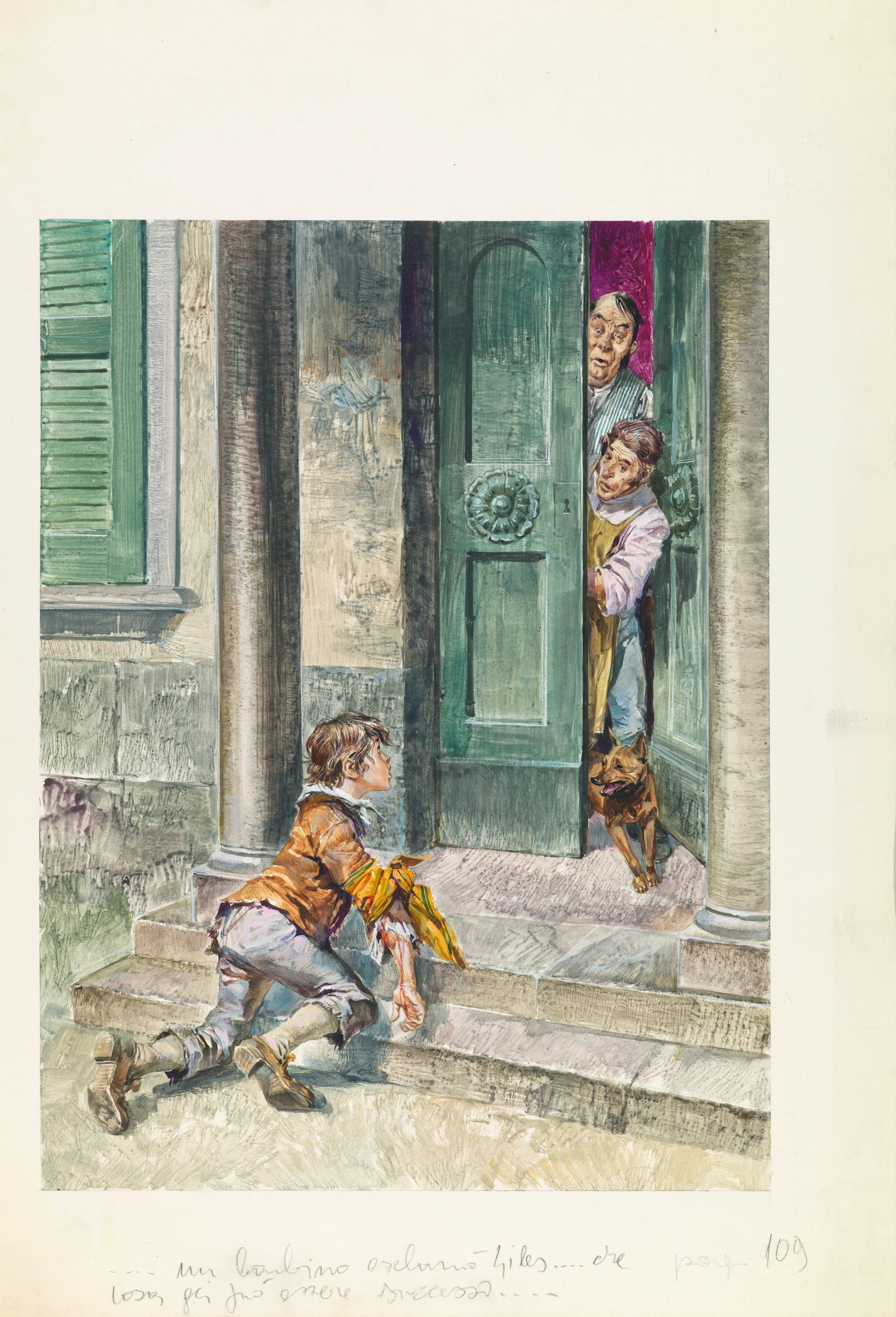 Maraja Libico - "Oliver Twist", anni 70: Maraja Libico - "Oliver Twist", anni 70 ITA tempera su cartone, 25,5 x 36,5 cm Illustrazione originale realizzata da Maraja durante gli anni ‘70 per il romanzo "Oliver Twist" di