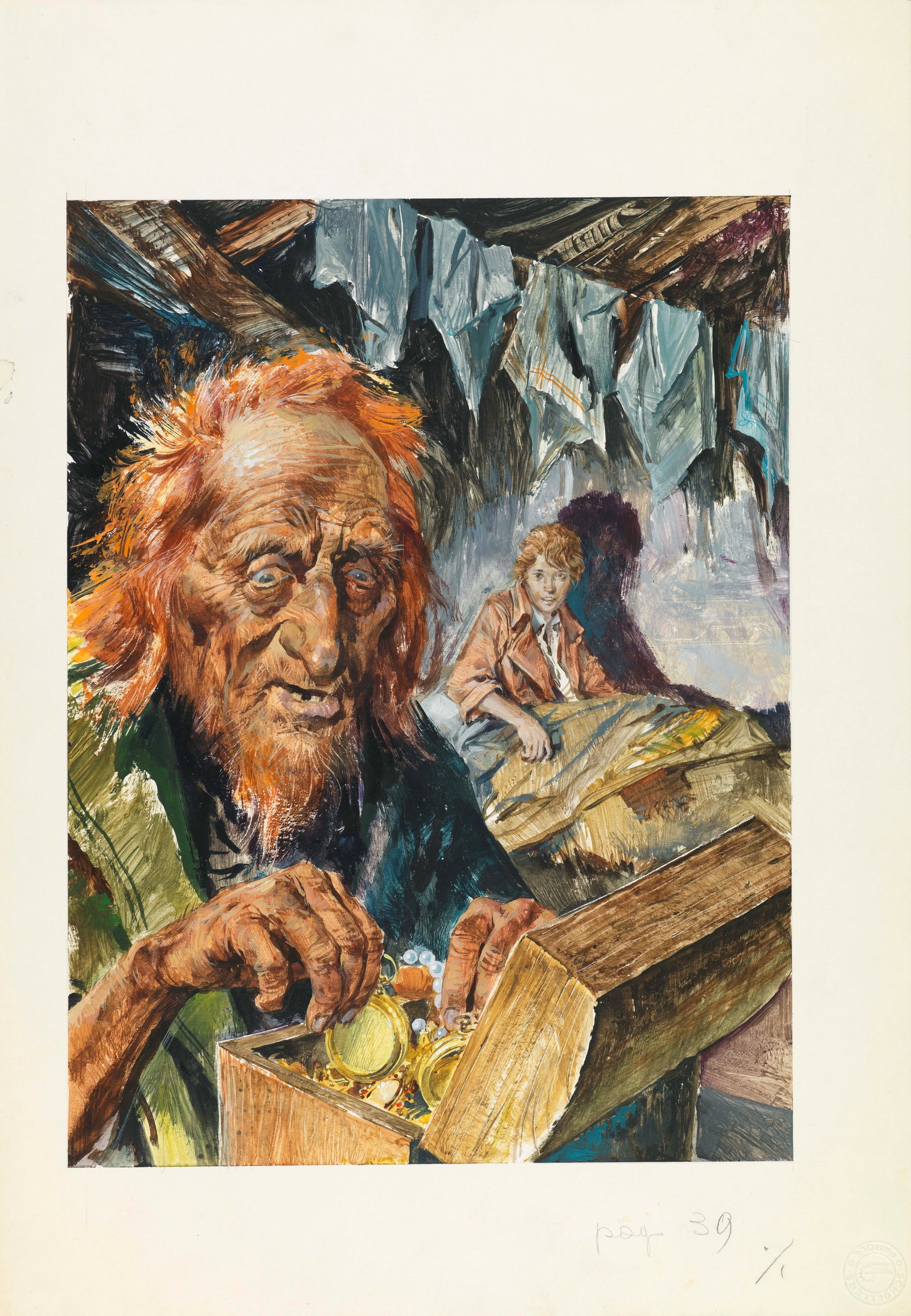 Maraja Libico - "Oliver Twist", anni 70: Maraja Libico - "Oliver Twist", anni 70 ITA tempera su cartone, 25,5 x 36,5 cm Illustrazione originale realizzata da Maraja durante gli anni ‘70 per il romanzo "Oliver Twist" di