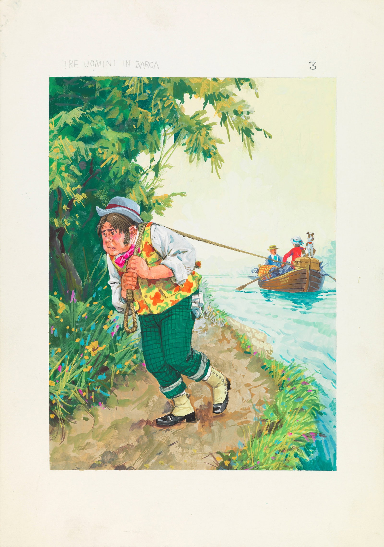 Maraja Libico - "Tre uomini in barca", anni 70: Maraja Libico - "Tre uomini in barca", anni 70 ITA tempera su cartone, 25,5 x 36,5 cm Illustrazione originale realizzata da Maraja durante gli anni ‘70 per il romanzo "Tre uomini in