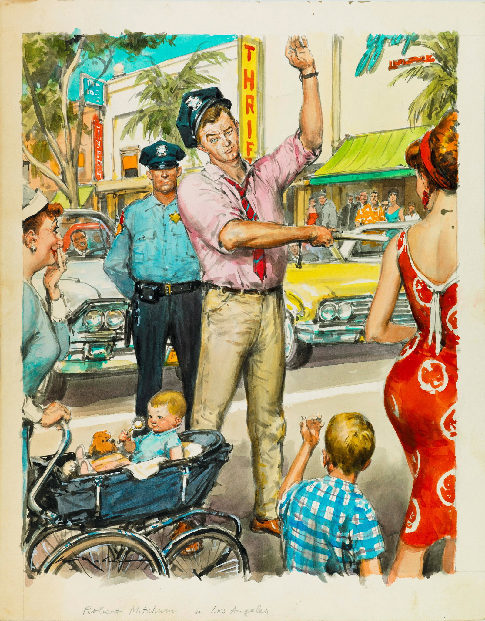 Molino Walter - "Robert Mitchum", anni 60: Molino Walter - "Robert Mitchum", anni 60 ITA tempera e acquerello su cartoncino, 29 x 36,5 cm Illustrazione originale realizzata da Molino durante gli anni ’60 per la rivista francese di c