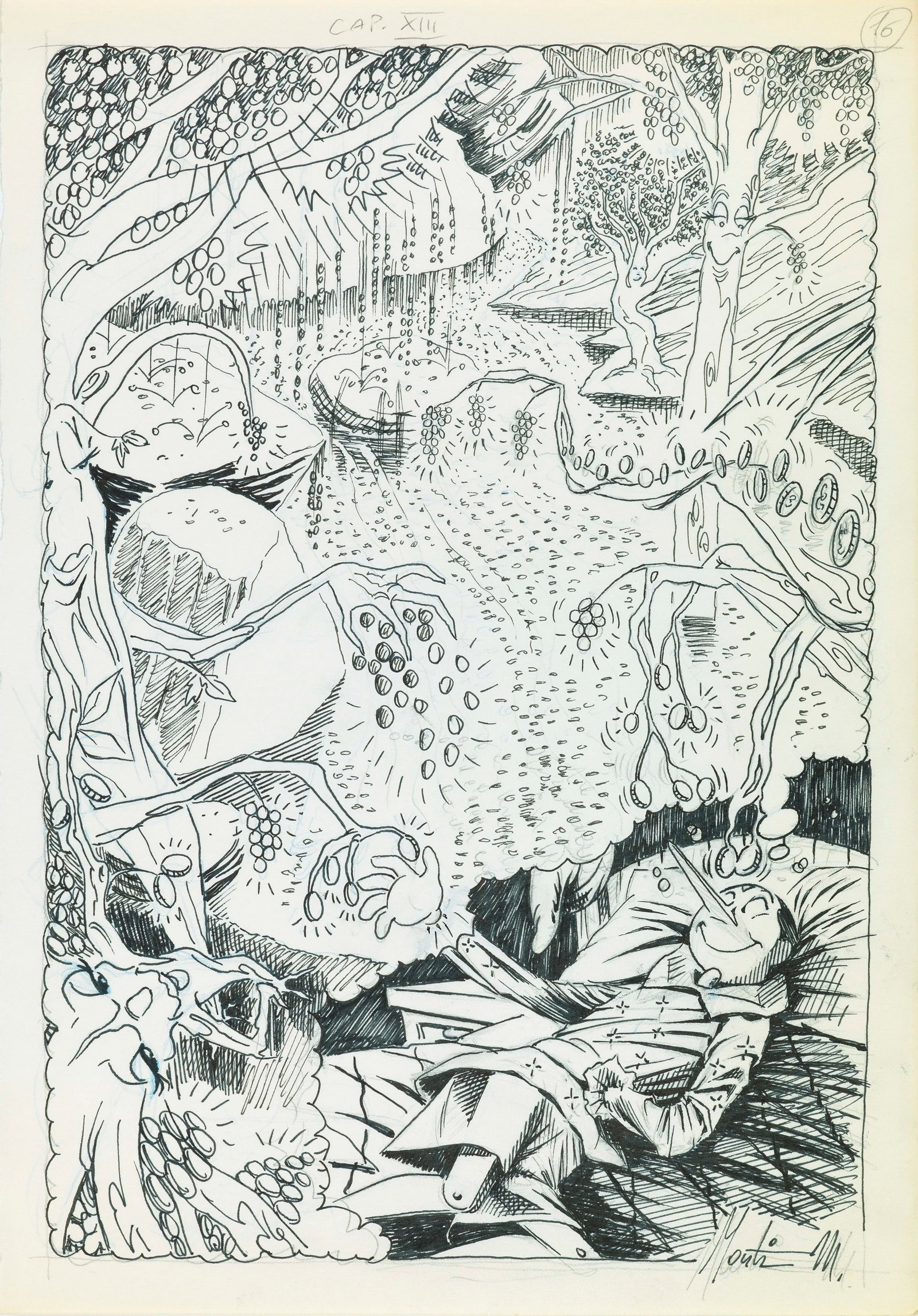 Monti (Antonio Montanaro) - "Pinocchio", 2015: Monti (Antonio Montanaro) - "Pinocchio", 2015 ITA matita e china su carta, 22,5 x 32 cm Illustrazione originale realizzata da Montanaro per il portfolio "Pinocchio Diamante", edito da