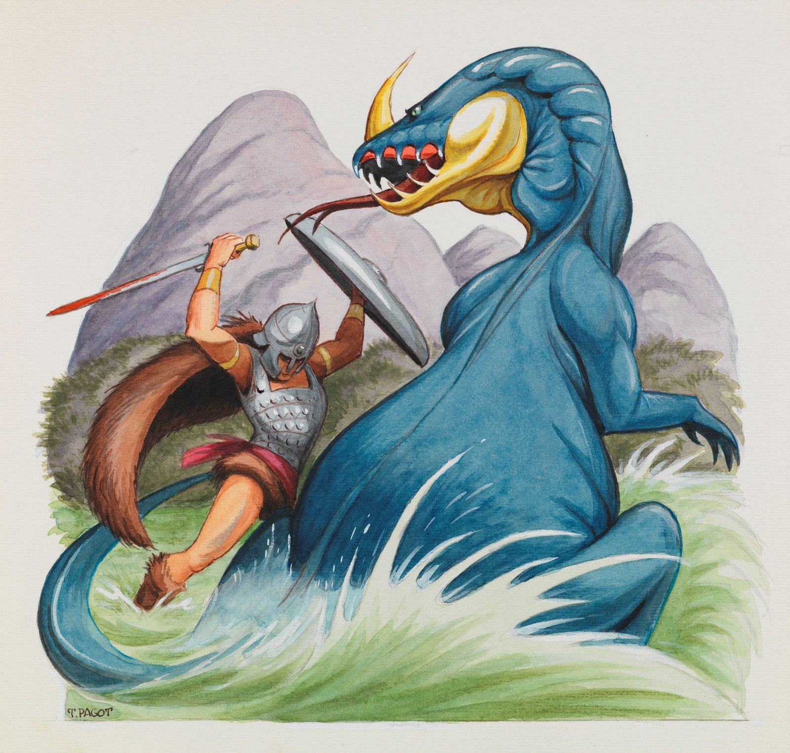 Toni Pagot (Antonio Pagotto) - "Sigfrido e il drago", anni 60: Toni Pagot (Antonio Pagotto) - "Sigfrido e il drago", anni 60 ITA tempera e acquerello su cartoncino, 23,5 x 22,5 cm Firmato.________________________________________________________________EN