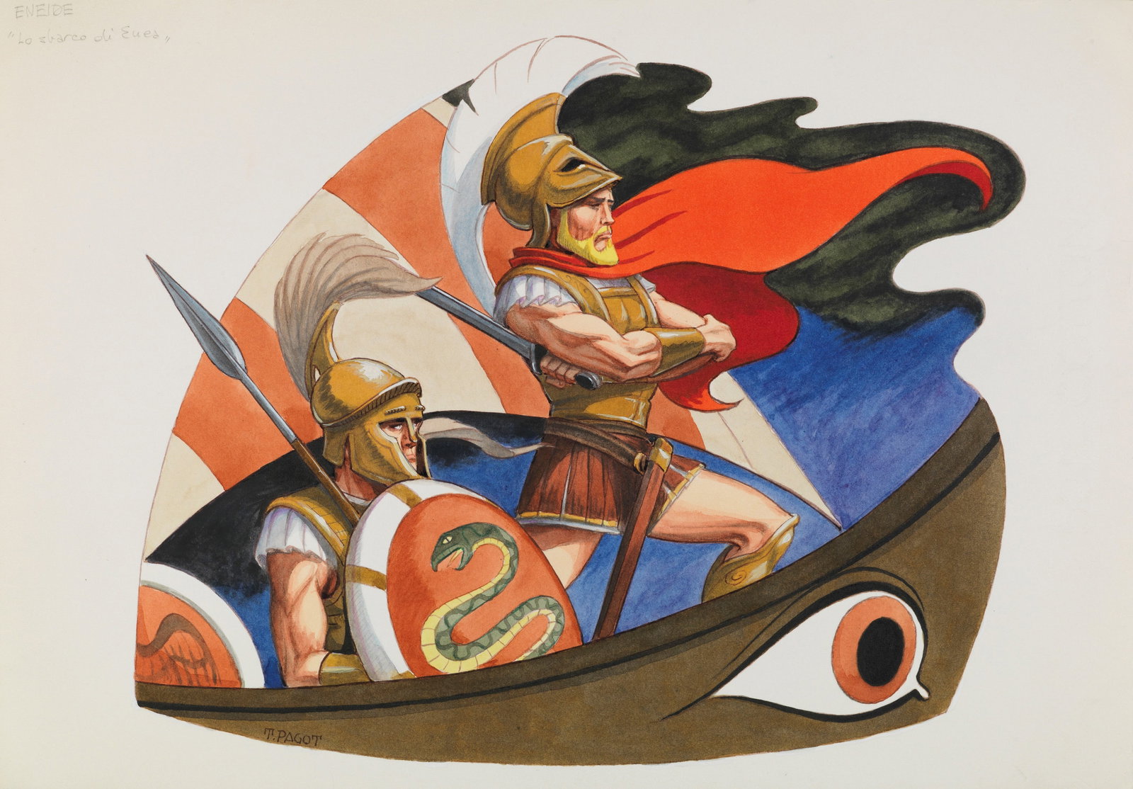 Toni Pagot (Antonio Pagotto) - "Lo sbarco di Enea", anni 60: Toni Pagot (Antonio Pagotto) - "Lo sbarco di Enea", anni 60 ITA tempera e acquerello su cartoncino, 35 x 24,5 cm Firmato.________________________________________________________________ENG t