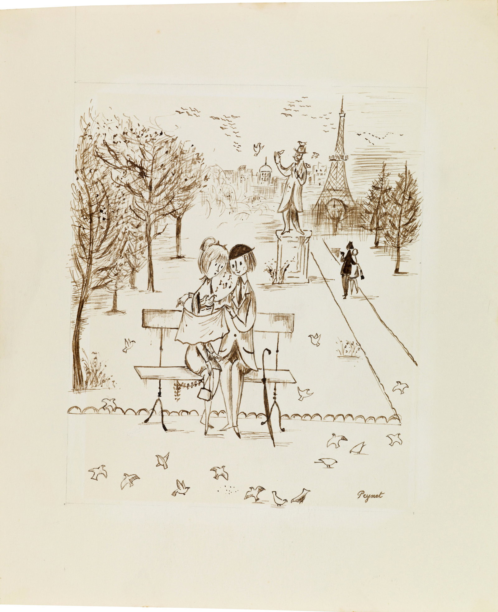 Peynet Raymond - "I fidanzatini - All‘ombra della Torre Eiffel", anni 60: Peynet Raymond - "I fidanzatini - All‘ombra della Torre Eiffel", anni 60 ITA matita e china su cartoncino, 27 x 32,5 cm Illustrazione originale realizzata da Peynet durante gli anni 