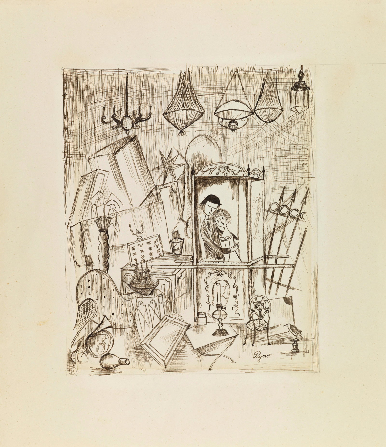 Peynet Raymond - "I fidanzatini - Caotico amore", anni 60: Peynet Raymond - "I fidanzatini - Caotico amore", anni 60 ITA matita e china su cartoncino, 29,5 x 34 cm Illustrazione originale realizzata da Peynet durante gli anni ‘60, raffigurante