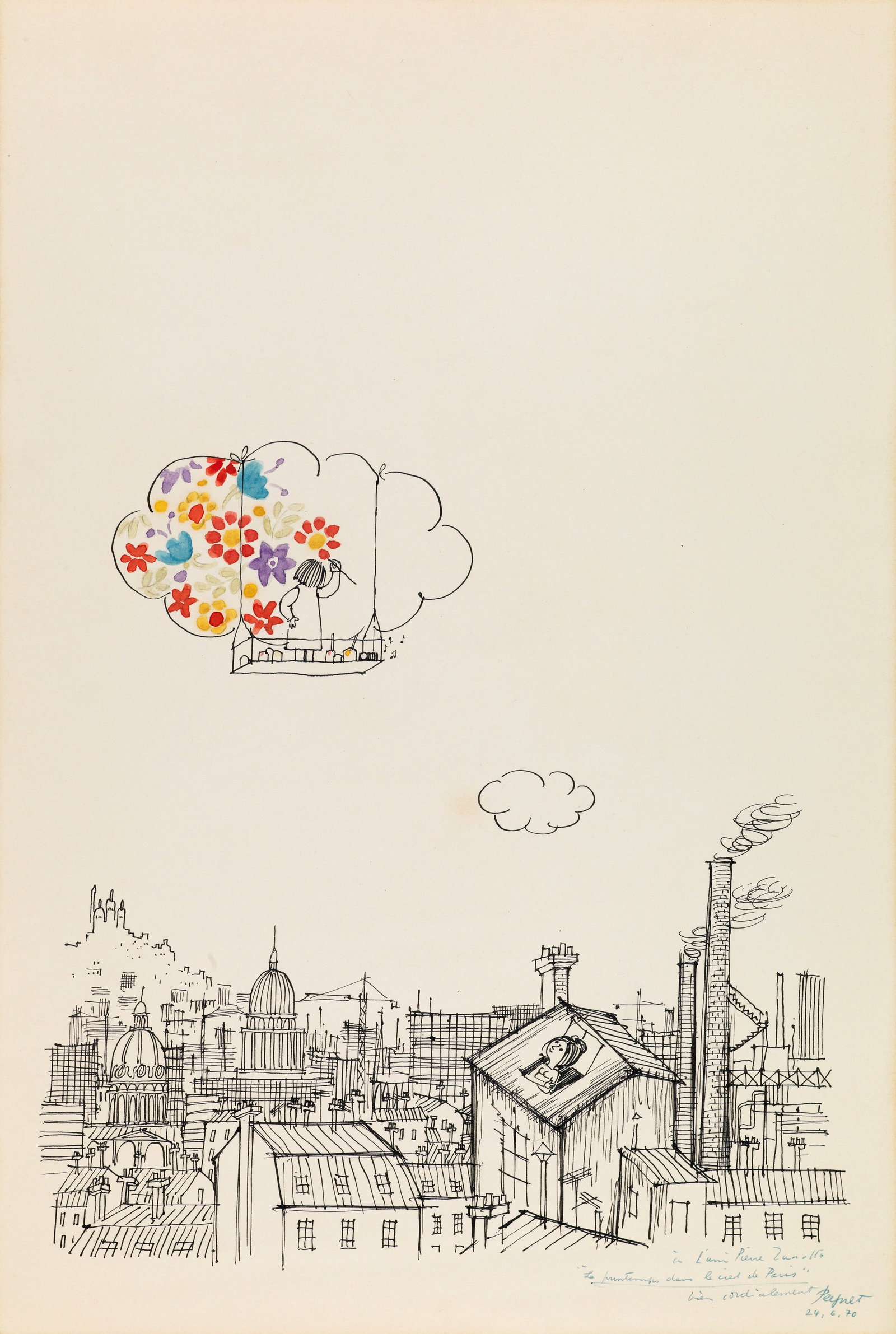 Peynet Raymond - "Le printemps dans le ciel de Paris", 1970: Peynet Raymond - "Le printemps dans le ciel de Paris", 1970 ITA matita, china e acquerello su cartoncino, 27 x 40 cm Illustrazione originale realizzata da Peynet nel 1970, raffigurante i suoi