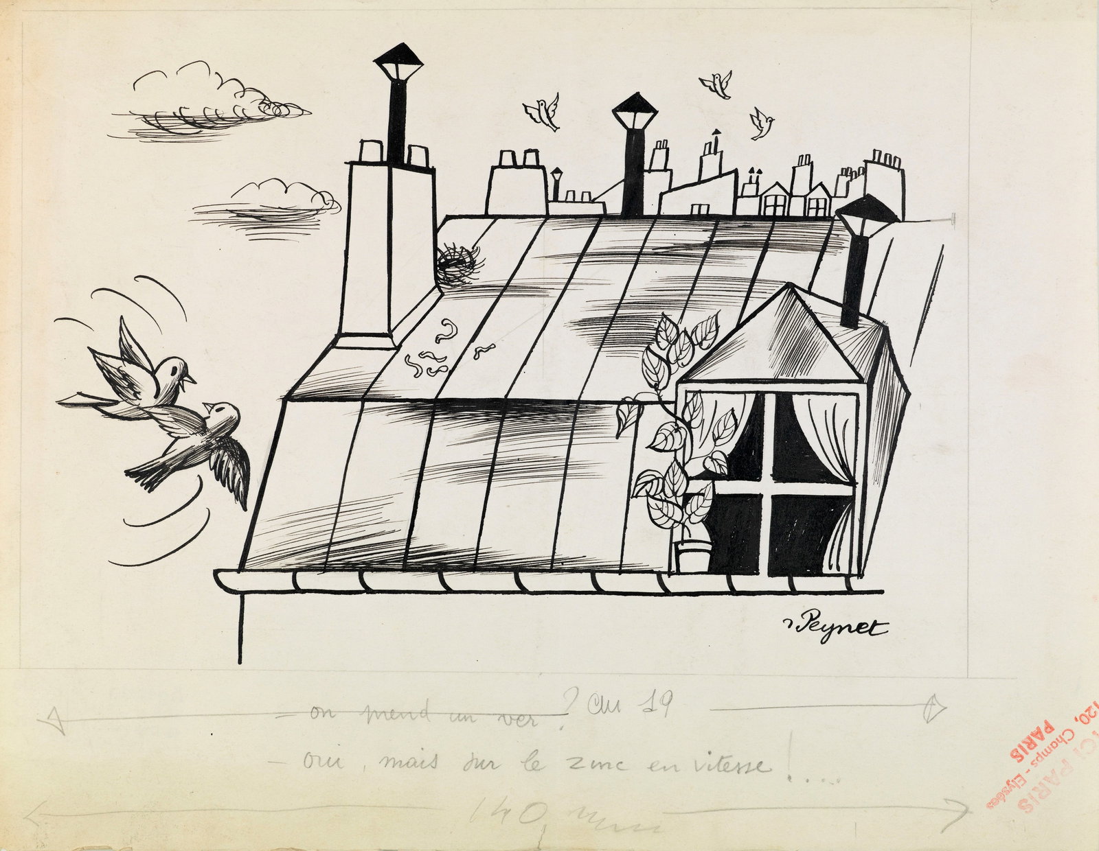 Peynet Raymond - "Ou prend un ver?", anni 60: Peynet Raymond - "Ou prend un ver?", anni 60 ITA matita e china su cartoncino, 32 x 25 cm Illustrazione originale realizzata da Peynet durante gli anni ‘60 pubblicata sul magazine franc