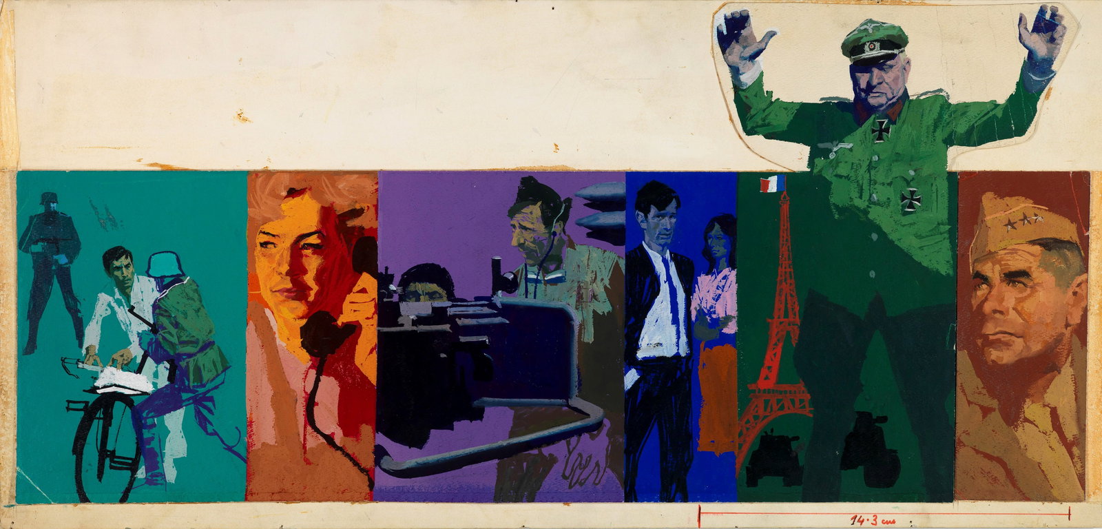 Pintér Ferenc - "Parigi brucia?", 1966: Pintér Ferenc - "Parigi brucia?", 1966 ITA tempera su cartoncino applicato a cartone, 61 x 29 cm Originale di copertina (e quarta di copertina) realizzato da Pintér per il romanzo &