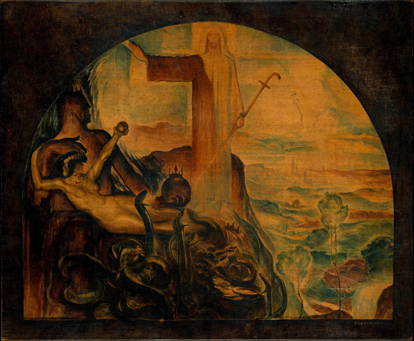 Porcheddu Giuseppe - "La cacciata dall‘Eden", anni 30: Porcheddu Giuseppe - "La cacciata dall‘Eden", anni 30 ITA acquerello e tempera su legno, 80 x 66 cm Dipinto originale realizzato da Porcheddu durante gli anni ‘30. Si allega il di