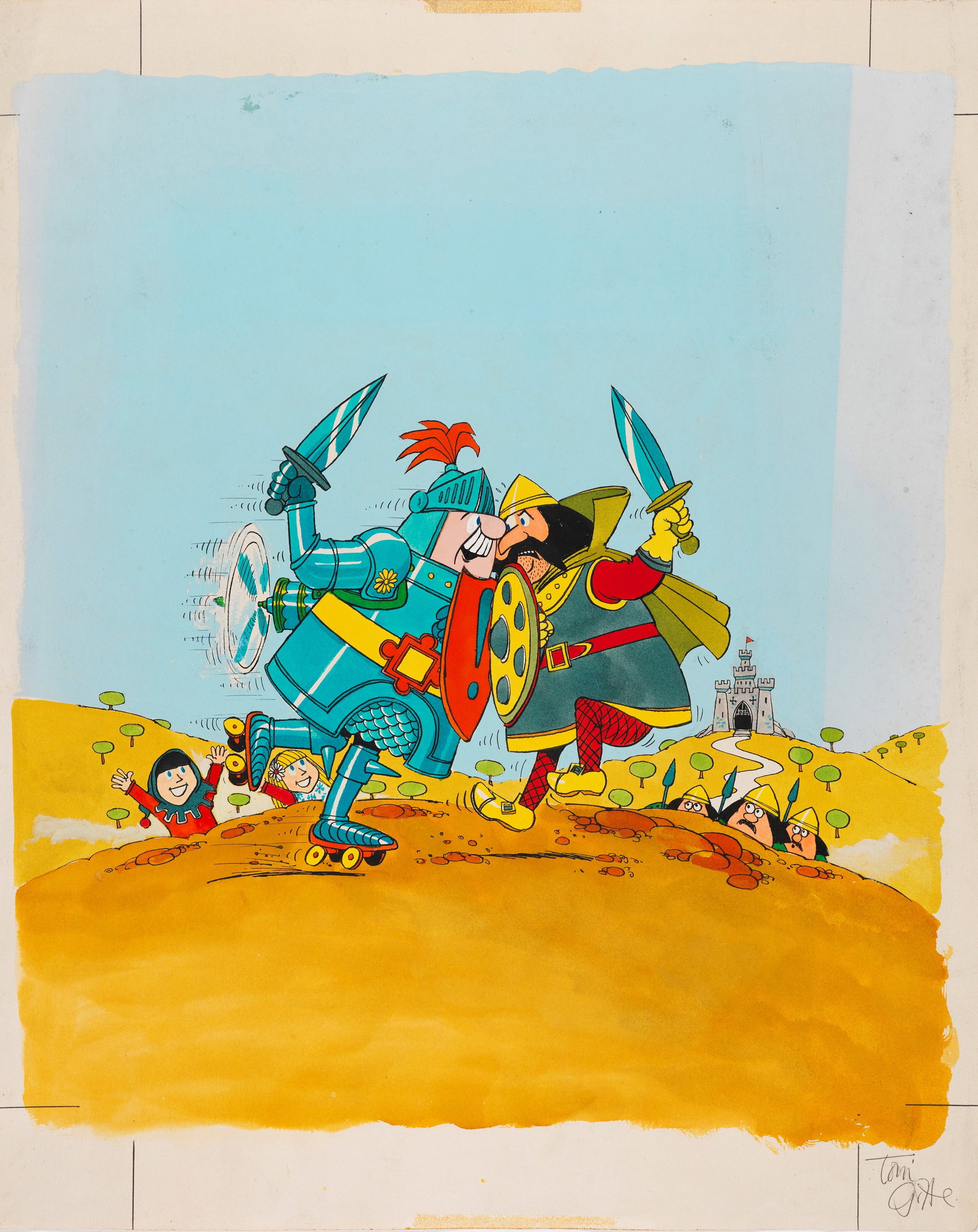 Ryan John - "The Adventures of Sir Prancelot", 1976: Ryan John - "The Adventures of Sir Prancelot", 1976 ITA tempera su cartoncino, 41 x 51 cm Originale di copertina realizzato da Ryan per "The Sir Prancelot Annual 1976"._______________